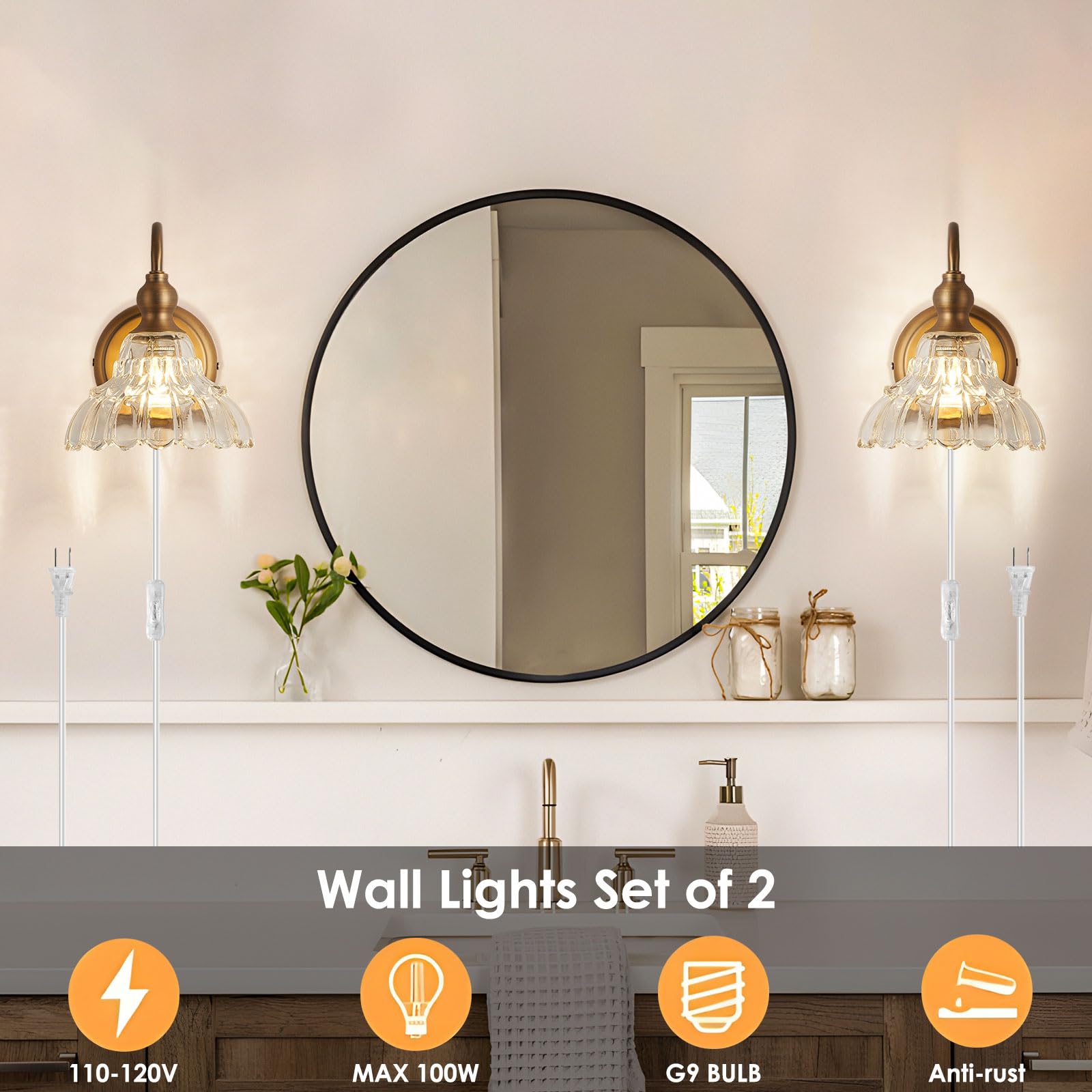 2-Pack Modern Wall Sconces Gold Bathroom Vanity Lighting Fixtures Beautiful Wall Light Set of Two for Bedroom Bathroom Hallway Living Room Decor