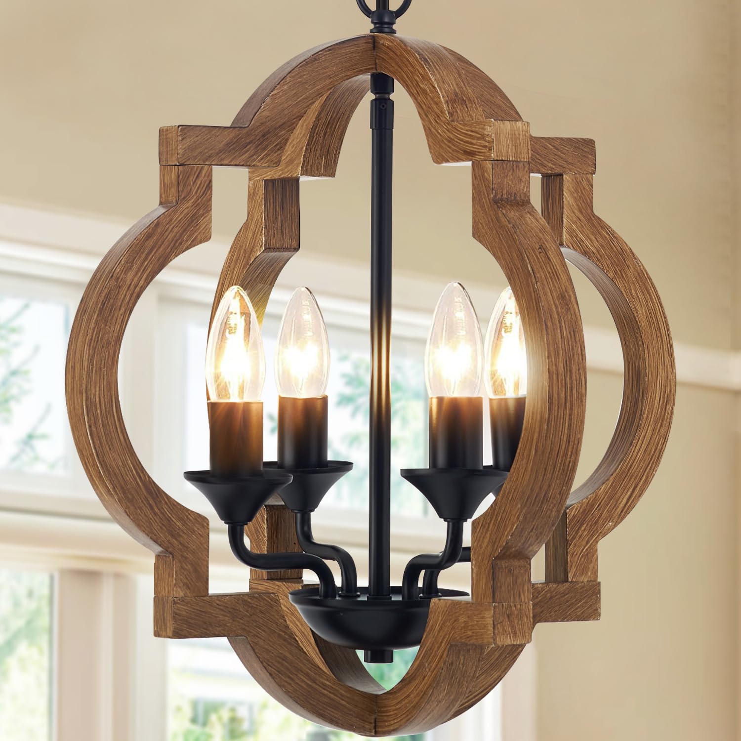 15.4" Rustic Wood Chandelier 4-Light Farmhouse Wooden Ceiling Pendant Light Fixture Vintage Chandeliers Modern for Dining Room Kitchen Island Foyer Hallway Entryway Bedroom