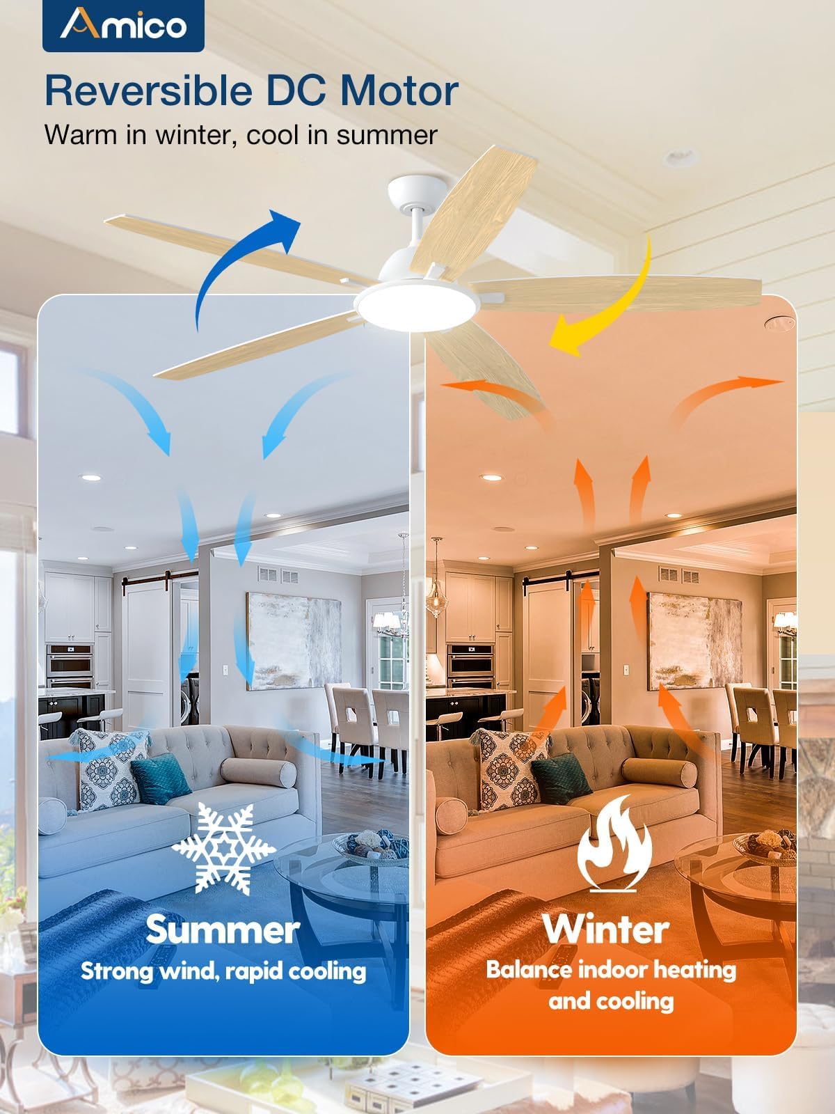 Ceiling Fans with Lights, 52 inch Smart Ceiling Fan with Remote/APP/Alexa Control, Reversible DC Motor, 5 Blades, 6 Speeds, 3CCT, Dimmable, Noiseless, Wifi Ceiling Fan for Bedroom, Farmhouse