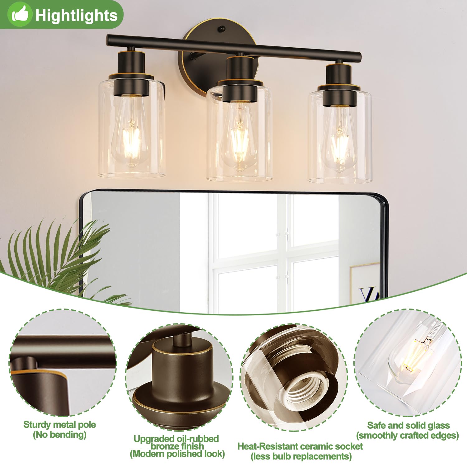 3-Light Bathroom Light Fixtures, Black Modern Vanity Lights with Clear Glass Shade, Bathroom Wall Lamp for Mirror Kitchen Living Room Hallway Cabinet Porch