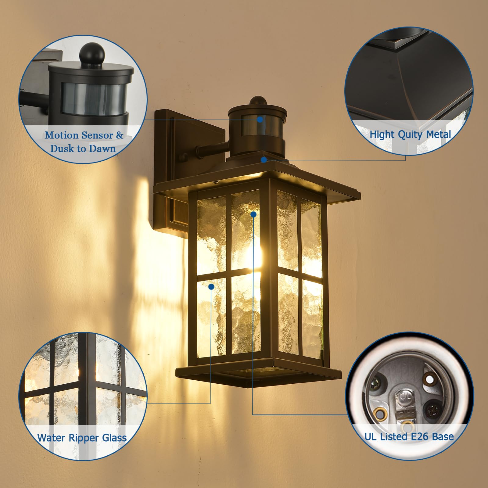 Motion Sensor Outdoor Wall Lantern Dusk to Dawn Exterior Porch Light Fixture Brown Outside Garage Sconce Lighting Waterproof Farmhouse Wall Mount Carriage Lamp for House Patio Doorway