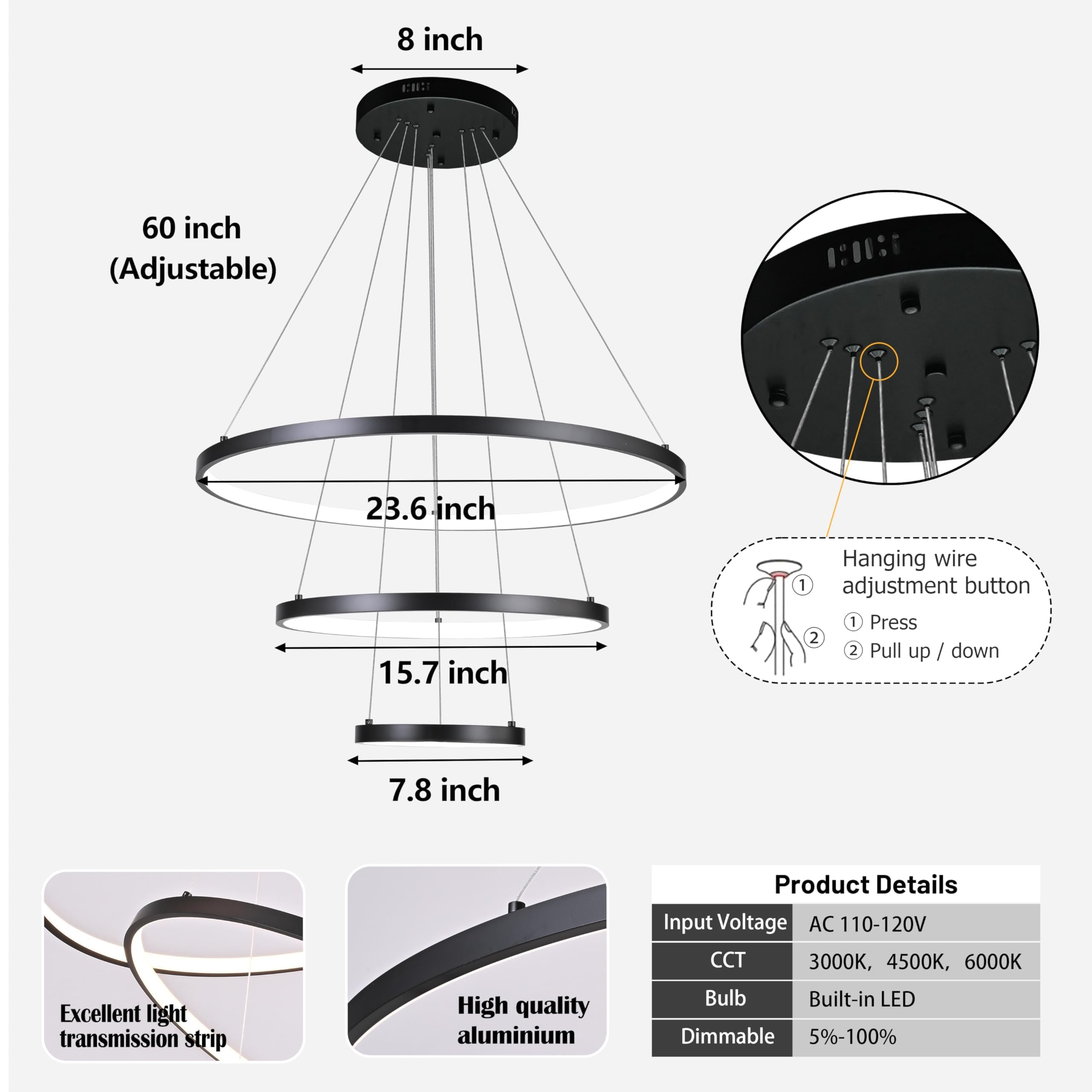 Modern LED Chandelier Contemporary Pendant Lighting Ring Light Fixture Gold with 4000K and 59in Height Adjustable Hanging Lamp for Kitchen Island Hallway Foyer Closet Corridor