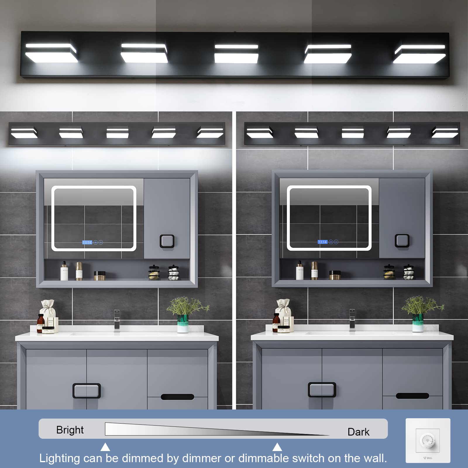 LED Modern Bathroom Vanity Light Fixtures (3-Light, 24-Inch), Matte Black Modern Acrylic Bathroom Wall Lighting Fixtures Over Mirror (Cool White 6000K)