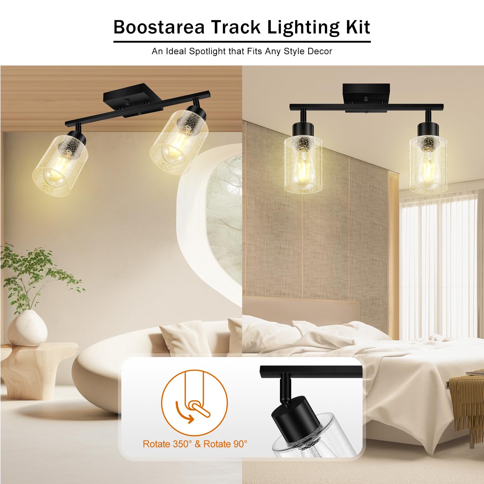 LED 4 Light Track Lighting Kit, 4 Way Ceiling Spot Lighting with Glass Lampshade, Flexibly Rotatable Light Head for Kitchen, Living Room, Bedroom, Bulb Not Included