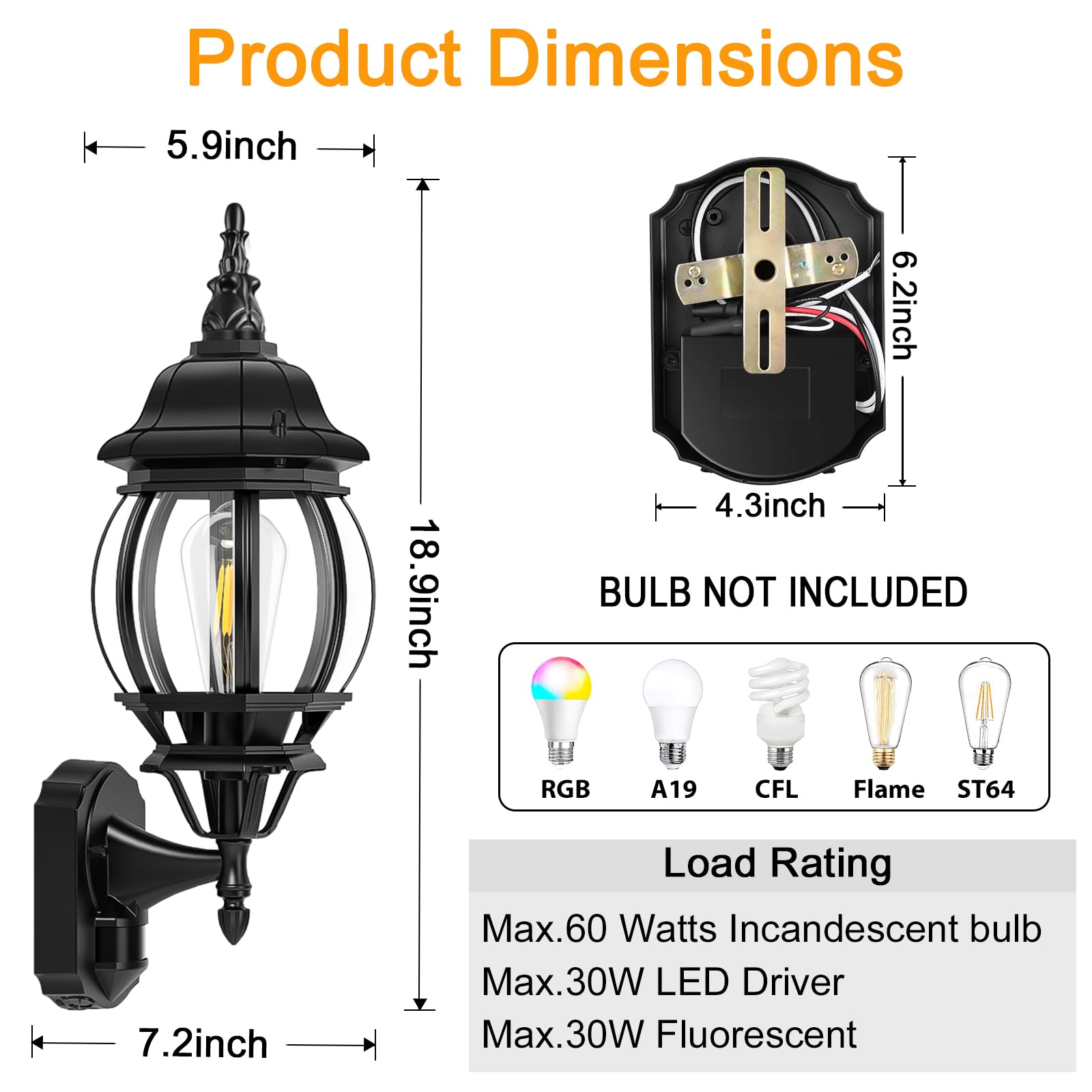 Motion Sensor Outdoor Front Porch Light - Black Dusk to Dawn Exterior Light Wall Mount,Large Outdoor Light Fixture for House, 100% Anti-Rust Aluminum Waterproof Sconce Light for Patio Garage