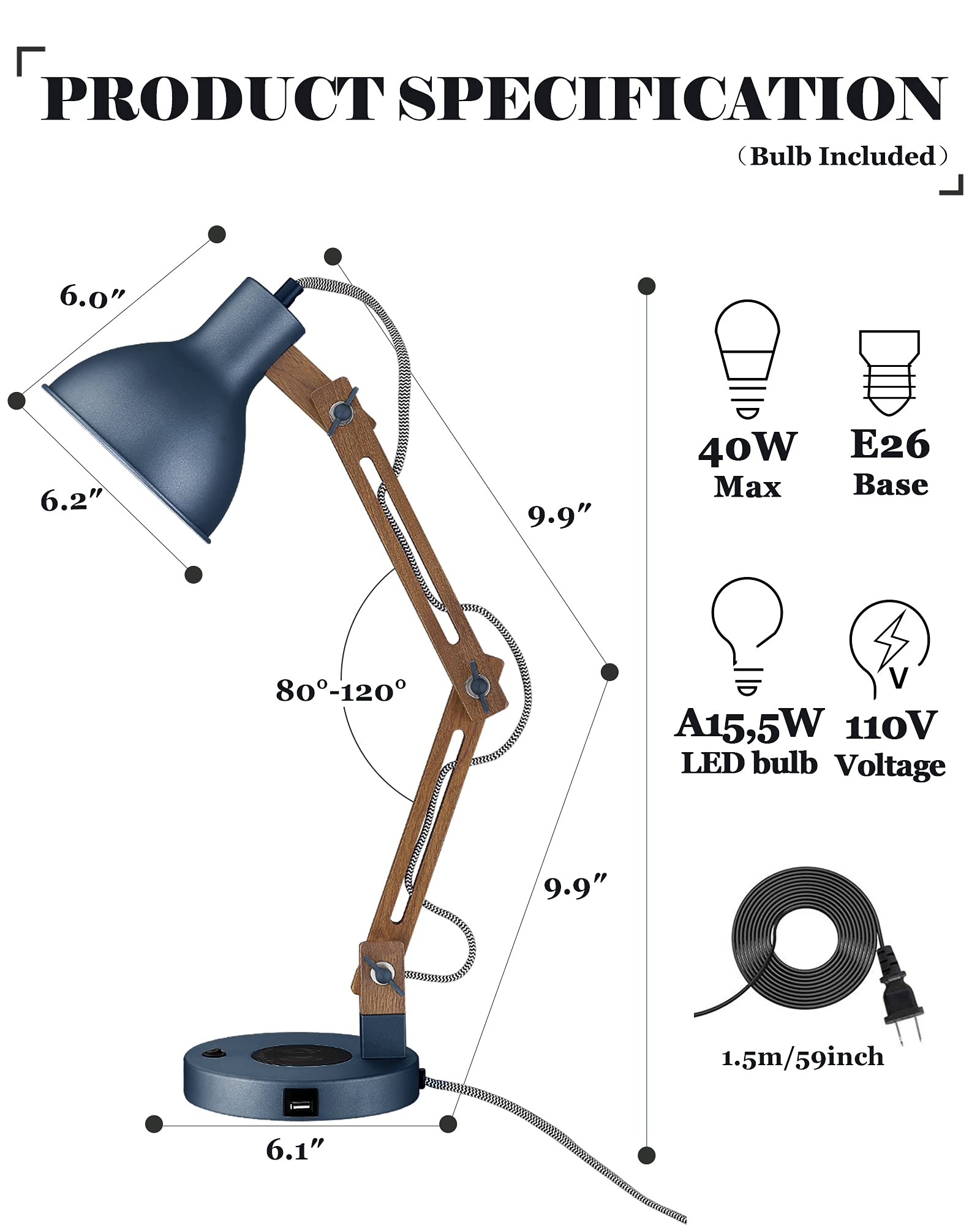 Industrial Table Lamp, Sapele Wood Desk Lamp with Upgraded Wireless Charger & USB C Port, Swing Arm Reading Task Light for Farmhouse, Dorm Office, Bedroom Livingroom, LED Bulb Included, Grey