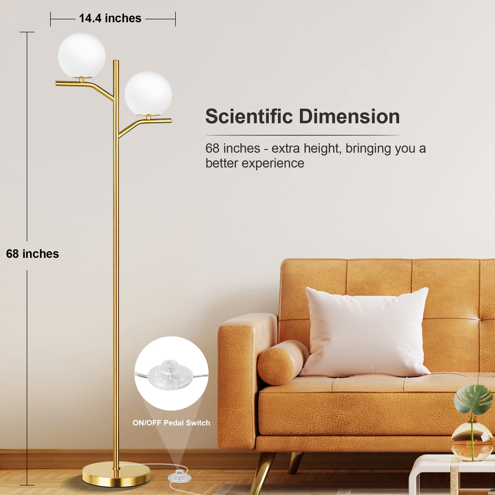 Modern Floor Lamp for Living Room, Gold Standing Lamp for Bedroom with Globe Glass Shade, 68" Mid-Century Tall Pole Tree Lamps Light Home Decor, Antique Brass(LED Bulbs Included)