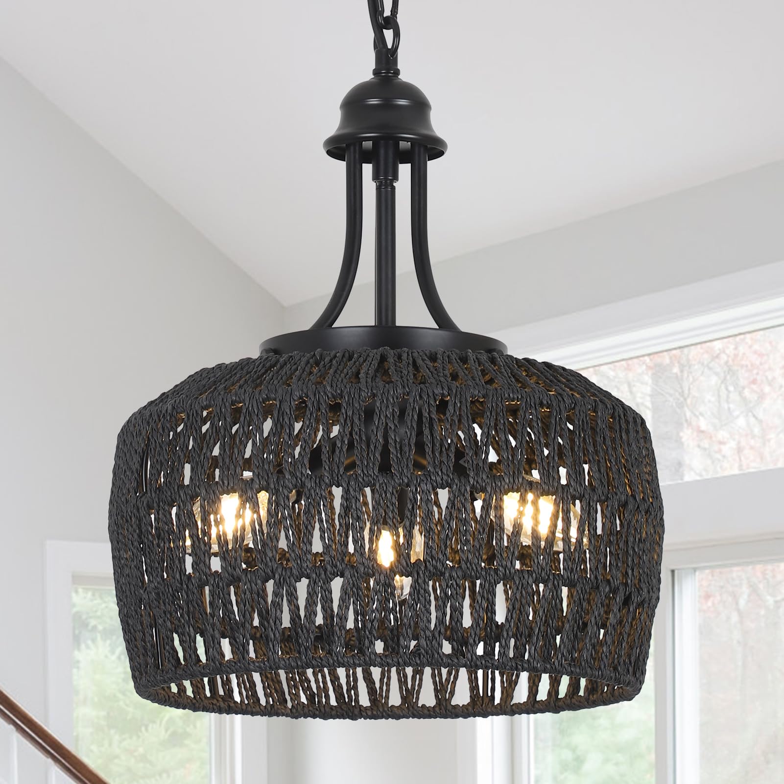 Large Farmhouse Chandeliers for Dining Room, 5-Light Rattan Boho Chandelier Light Fixture with Wicker Lampshade, Coastal Hanging Pendant Lighting for Kitchen Island Bedroom Living Room Nursery