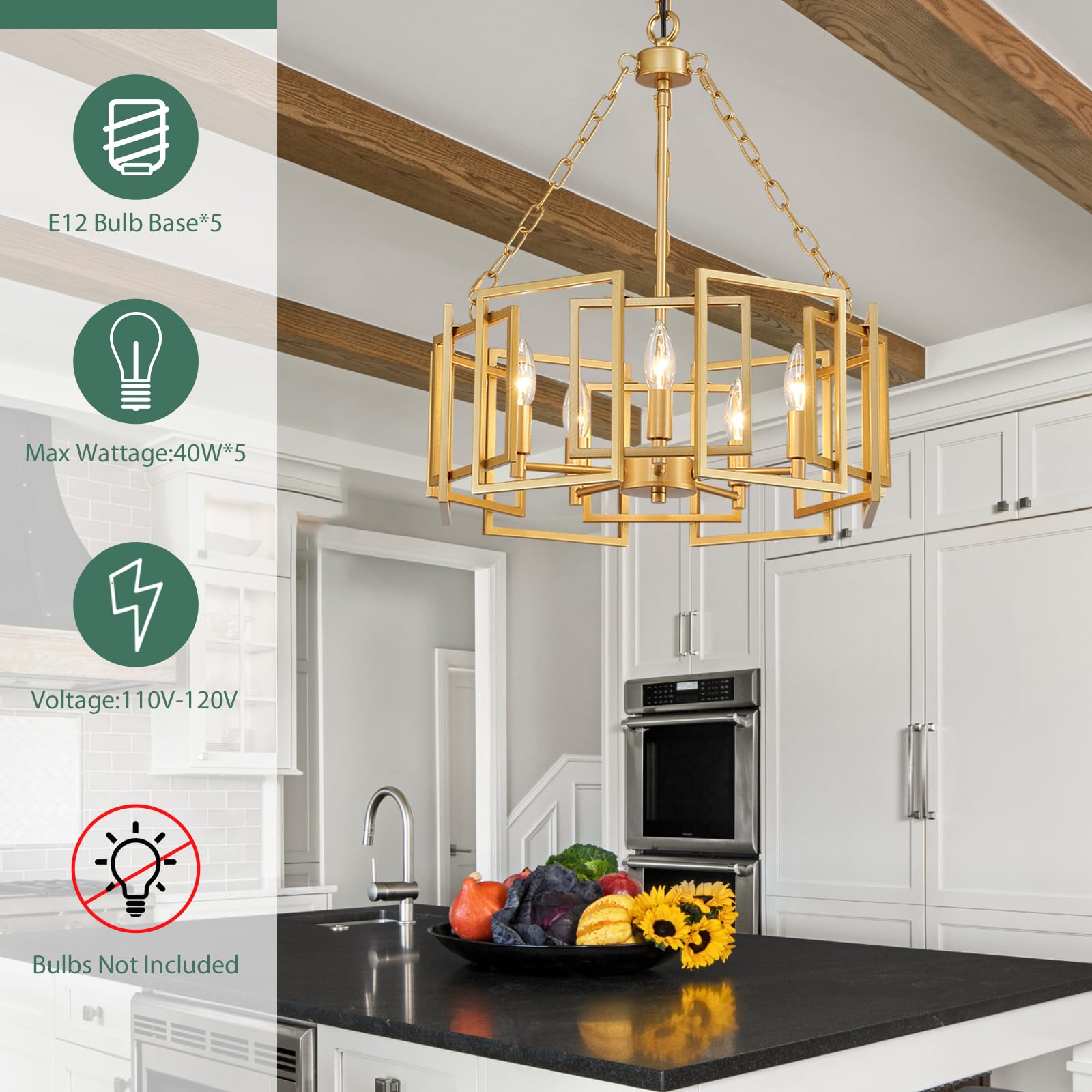 Gold Chandelier 5-Light Modern Kitchen Island Lighting Fixtures, Farmhouse Pendant Light 20 inches Retro Height Adjustable Ceiling Light for Dining Room, Bedroom, Living Room,Foyer