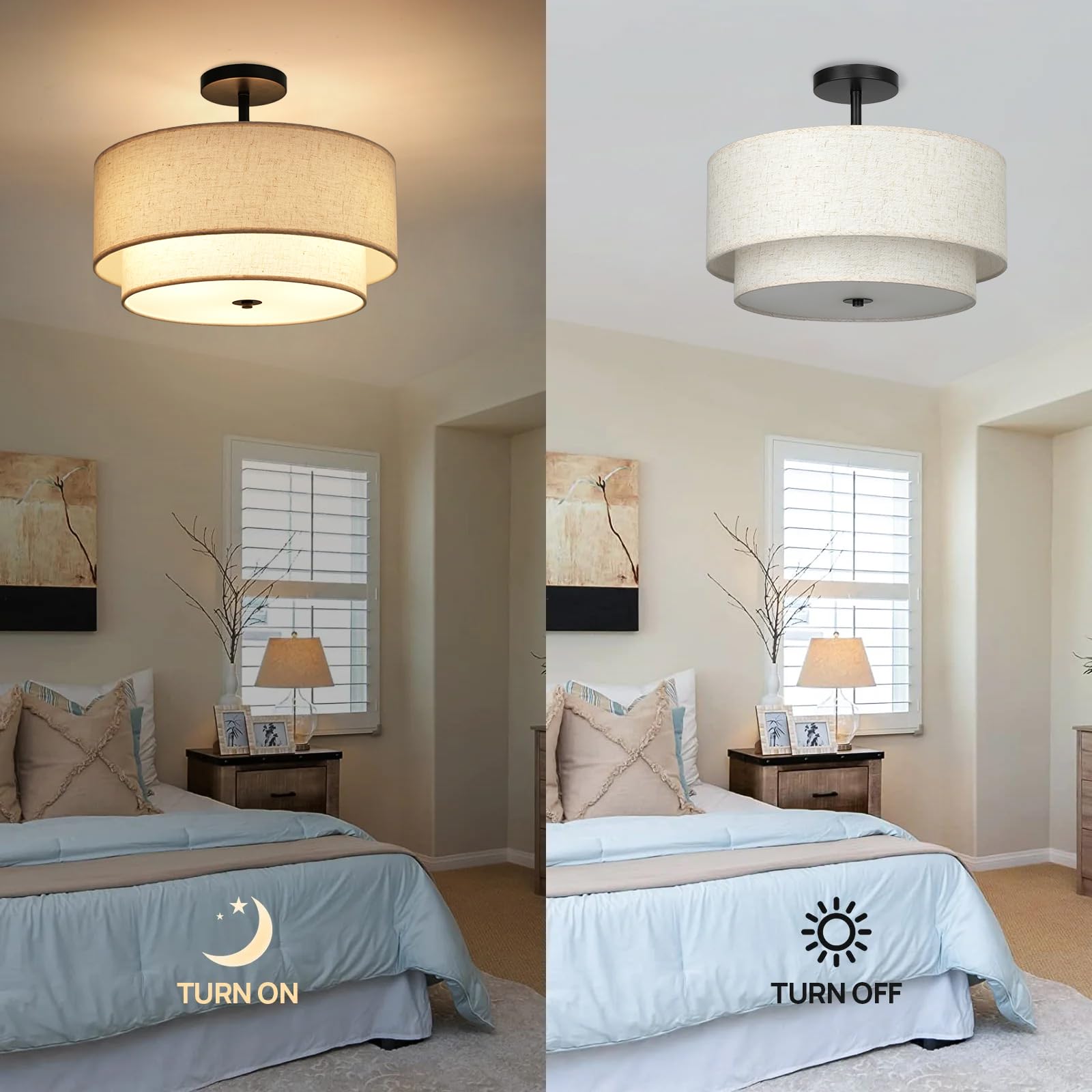 Modern Semi Flush Mount Ceiling Light - Easric Light Fixtures Ceiling Mount Hallway Light Fixtures Ceiling with Black 2-Layer Fabric Shade Drum Ceiling Lights for Bedroom,Dining Room,Kitchen,Foyer