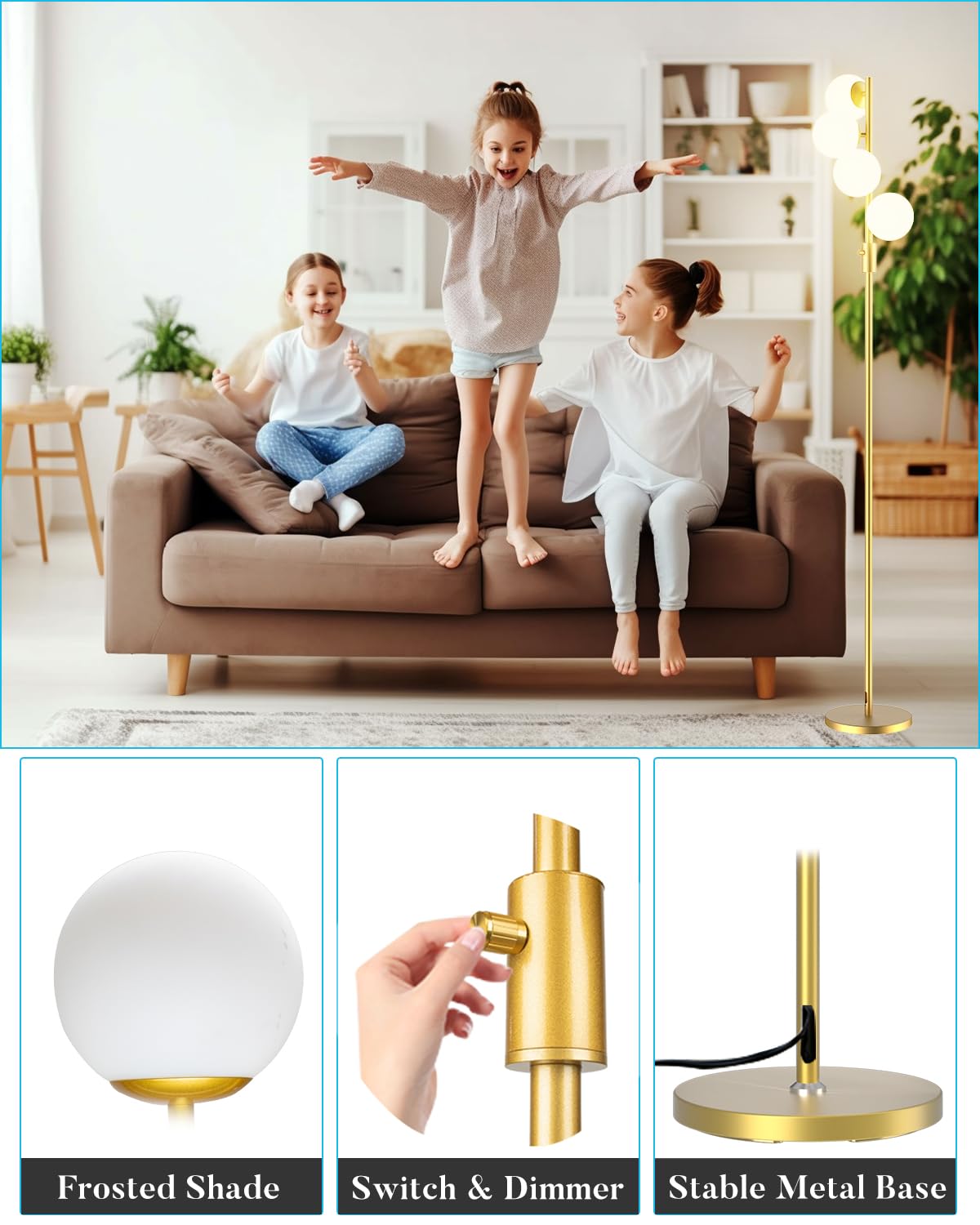 Dimmable Globe Floor Lamp, Gold Standing Lamps with 4PCS 3000K G9 Bulbs Soft Warm White Eye Care, Mid Century Modern Floor Lamp for Living Room