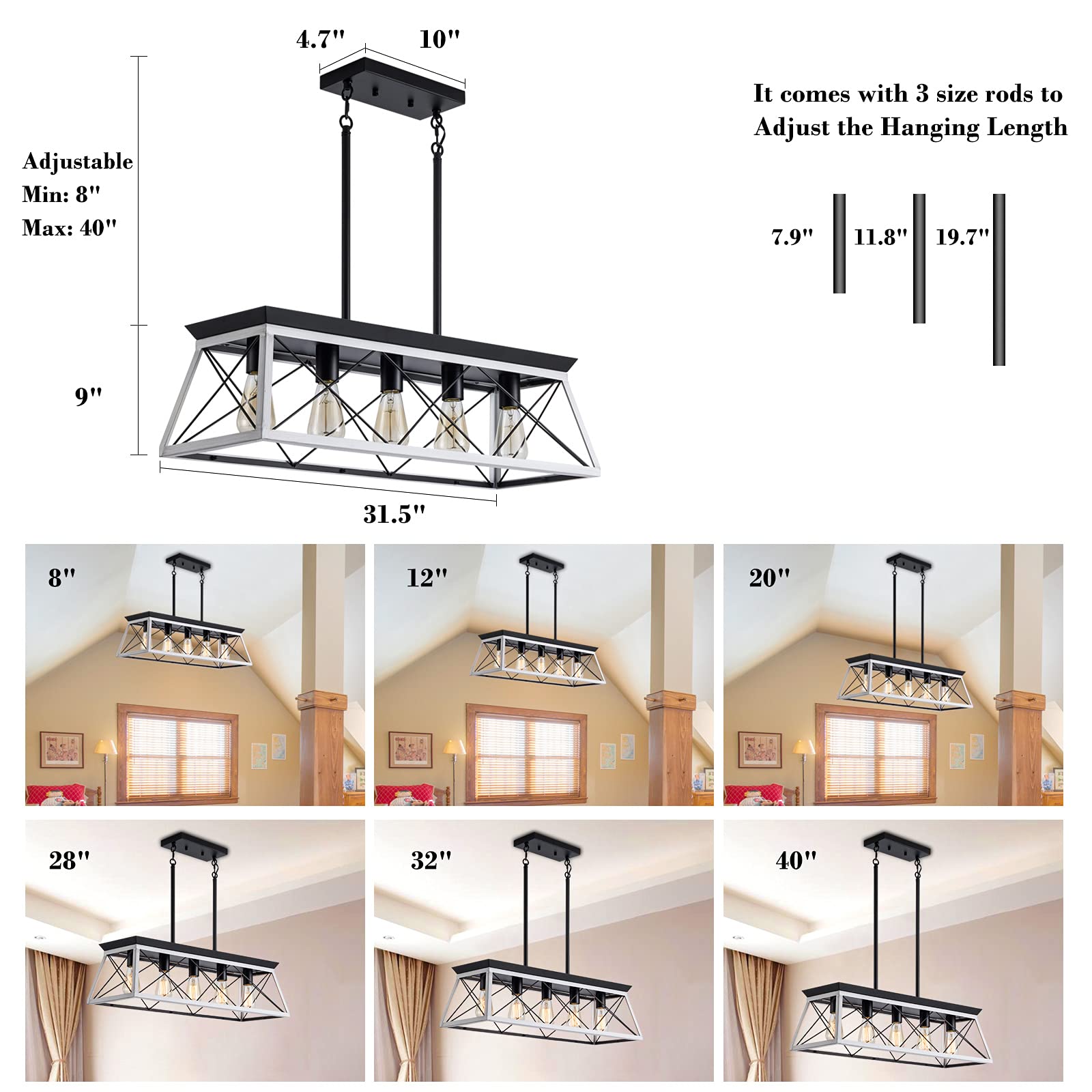 Farmhouse Chandeliers for Dining Room, Rustic Kitchen Island Light Fixture, 5-Light Linear Pendant Lighting Rectangular Chandelier, Metal Solid Ceiling Lights Black