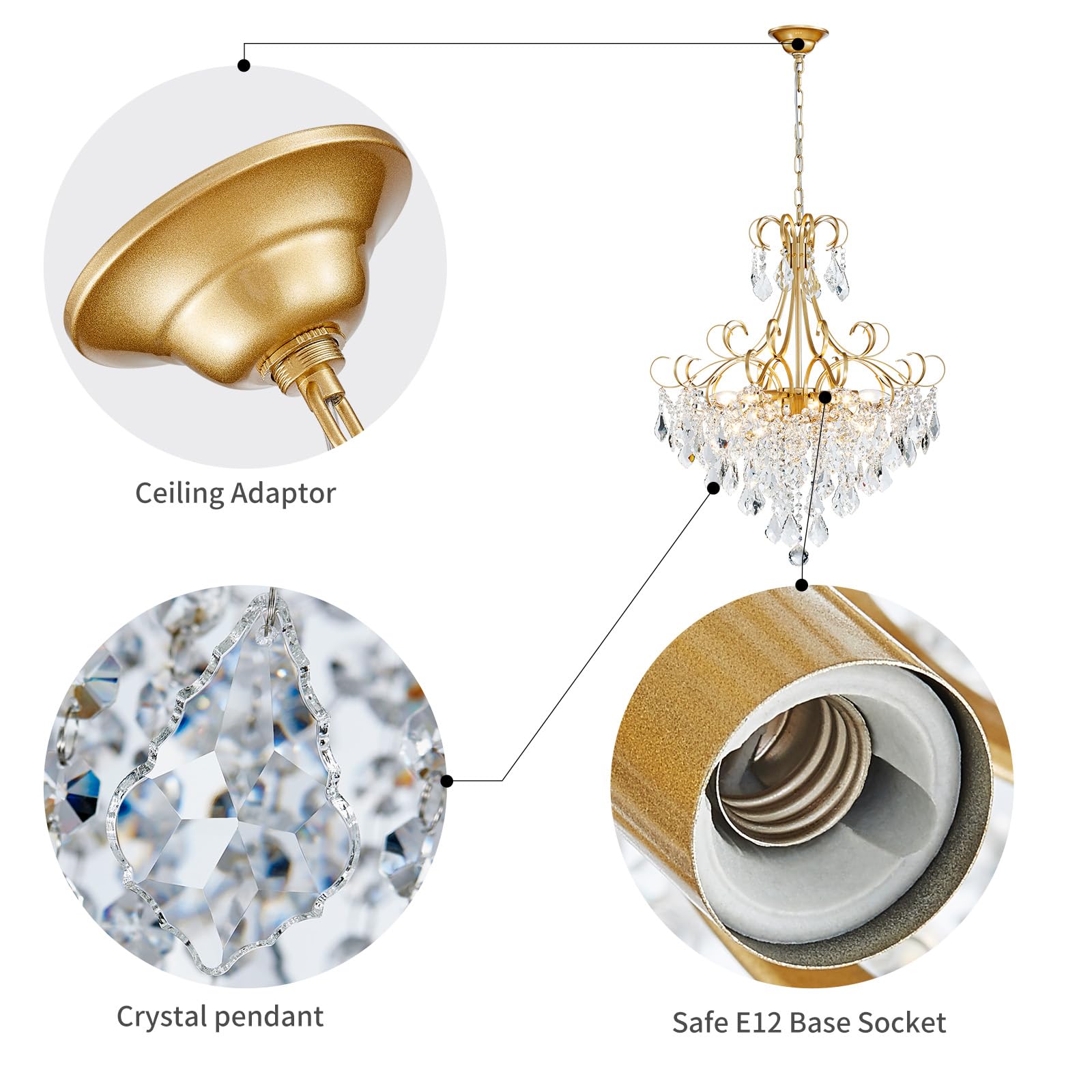 Crystal Chandelier Flushmount Ceiling Light Modern Lighting Fixture for Bedroom Hallway Bar Kitchen Bathroom, H 17.5'' x W 19.3'', E12 Base, Gold