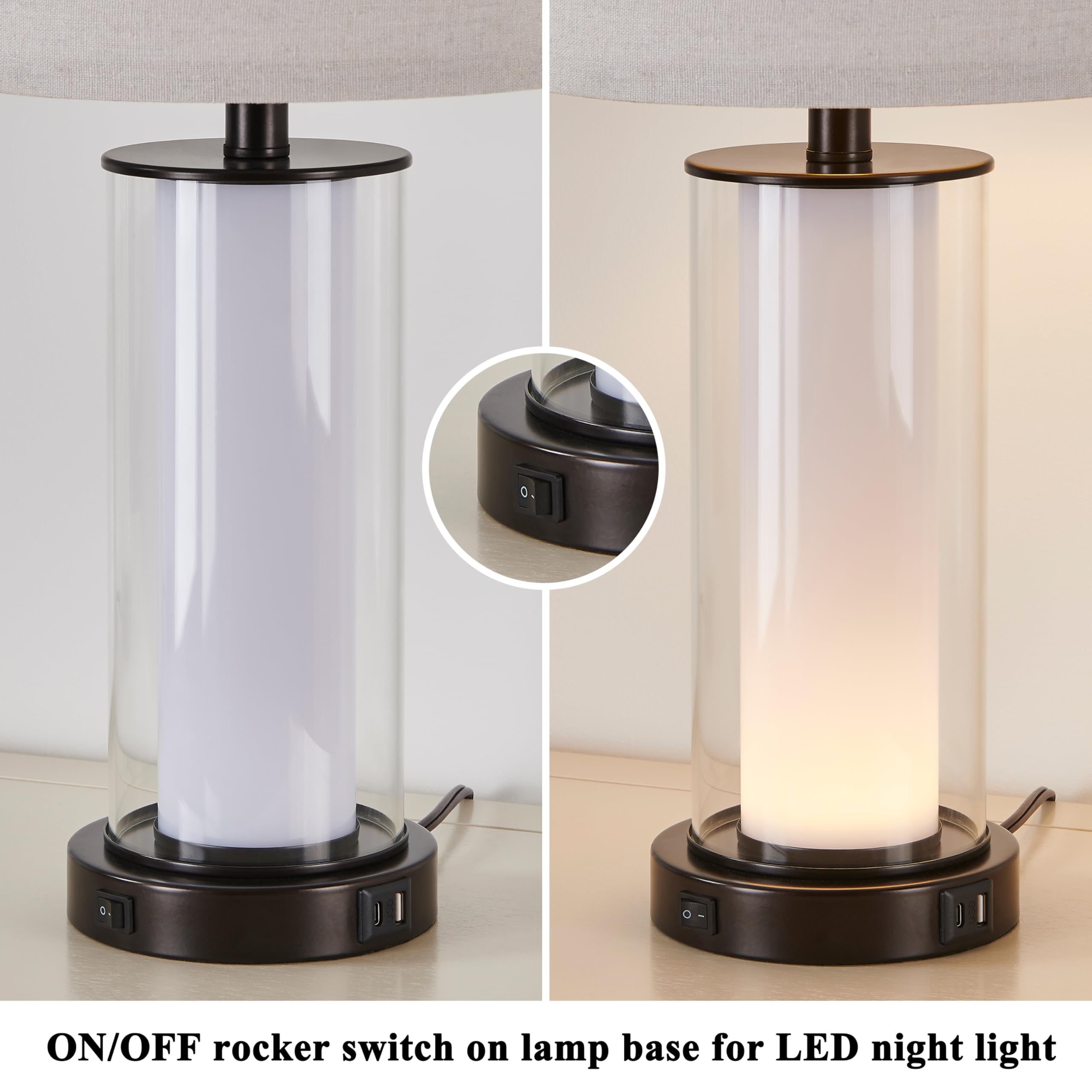 23.25'' Glass Table Lamp Set with Built-in LED Night Light, Modern Black Beside Table Lamp Set with USB Ports (Bulbs Included)