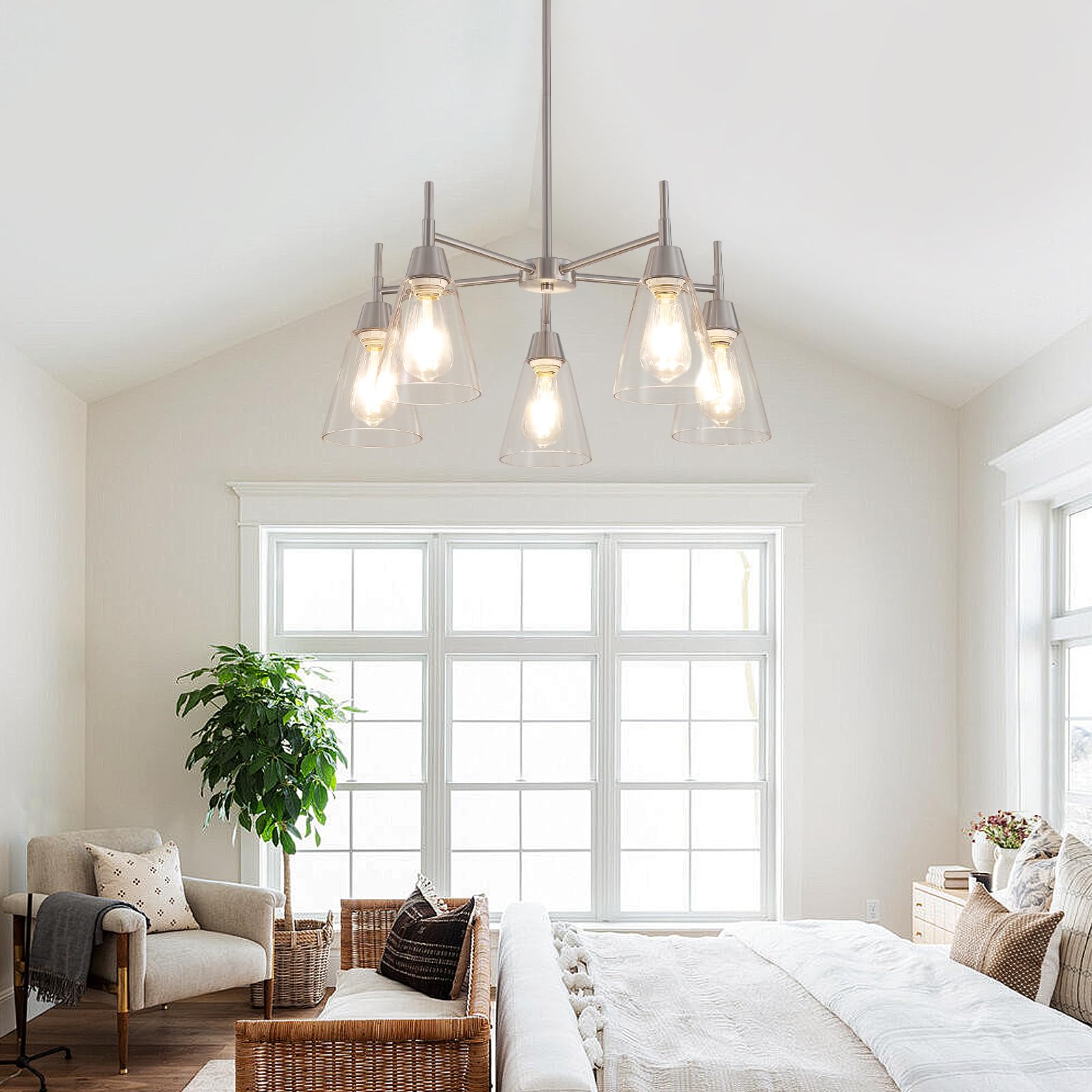 5-Light Gold Chandeliers for Dining Room,Modern Brass Chandelier Kitchen Island Light Fixtures Over Table,Pendant Ceiling Hanging Lighting with Clear Glass Shade for Entryway Foyer Hallway