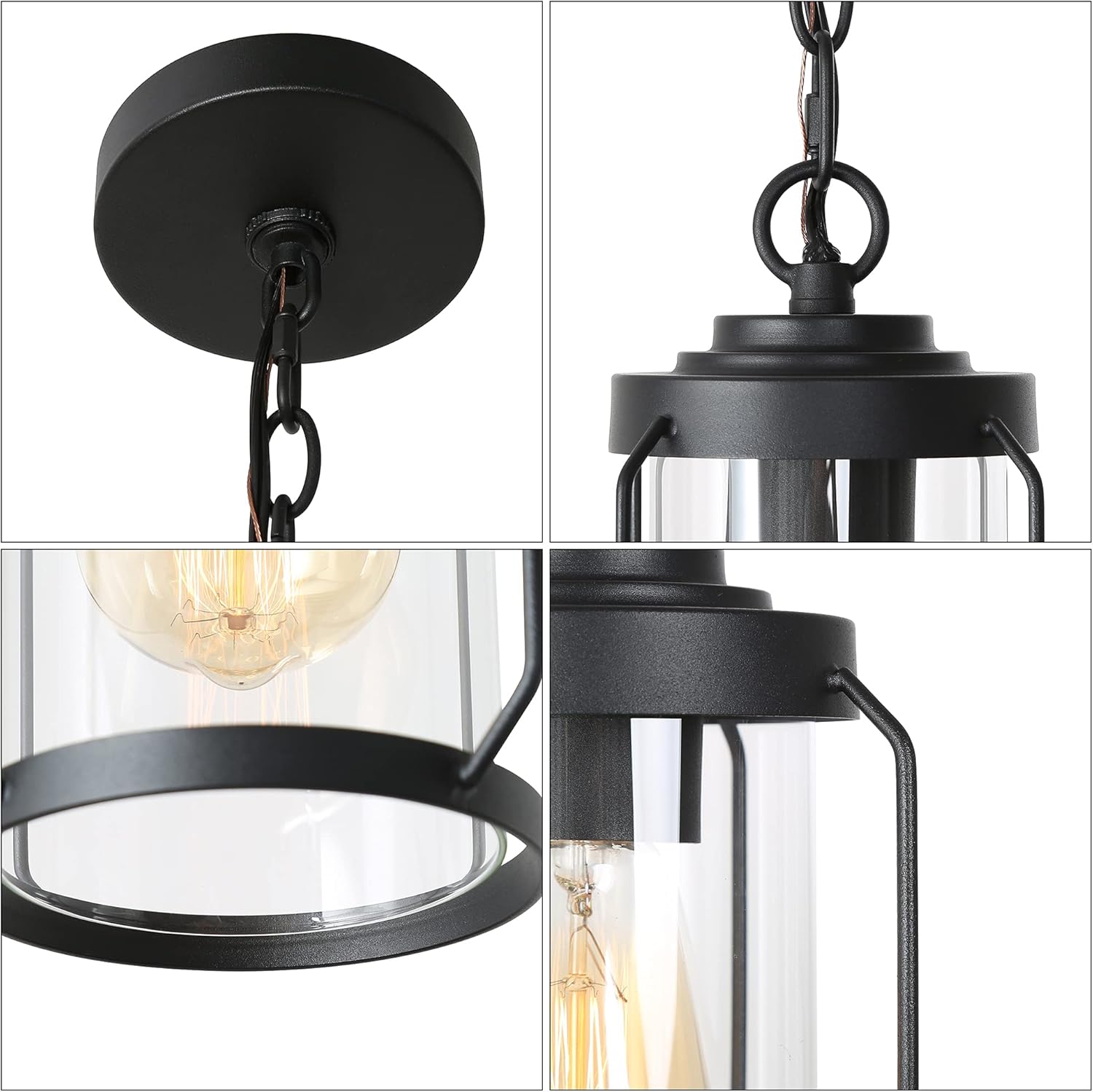 Outdoor Pendant Lights, Black Outdoor Pendant Hanging Lights Adjustable Industrial Exterior Porch Light Fixtures Glass Shade for Patio, Entryway, Garden