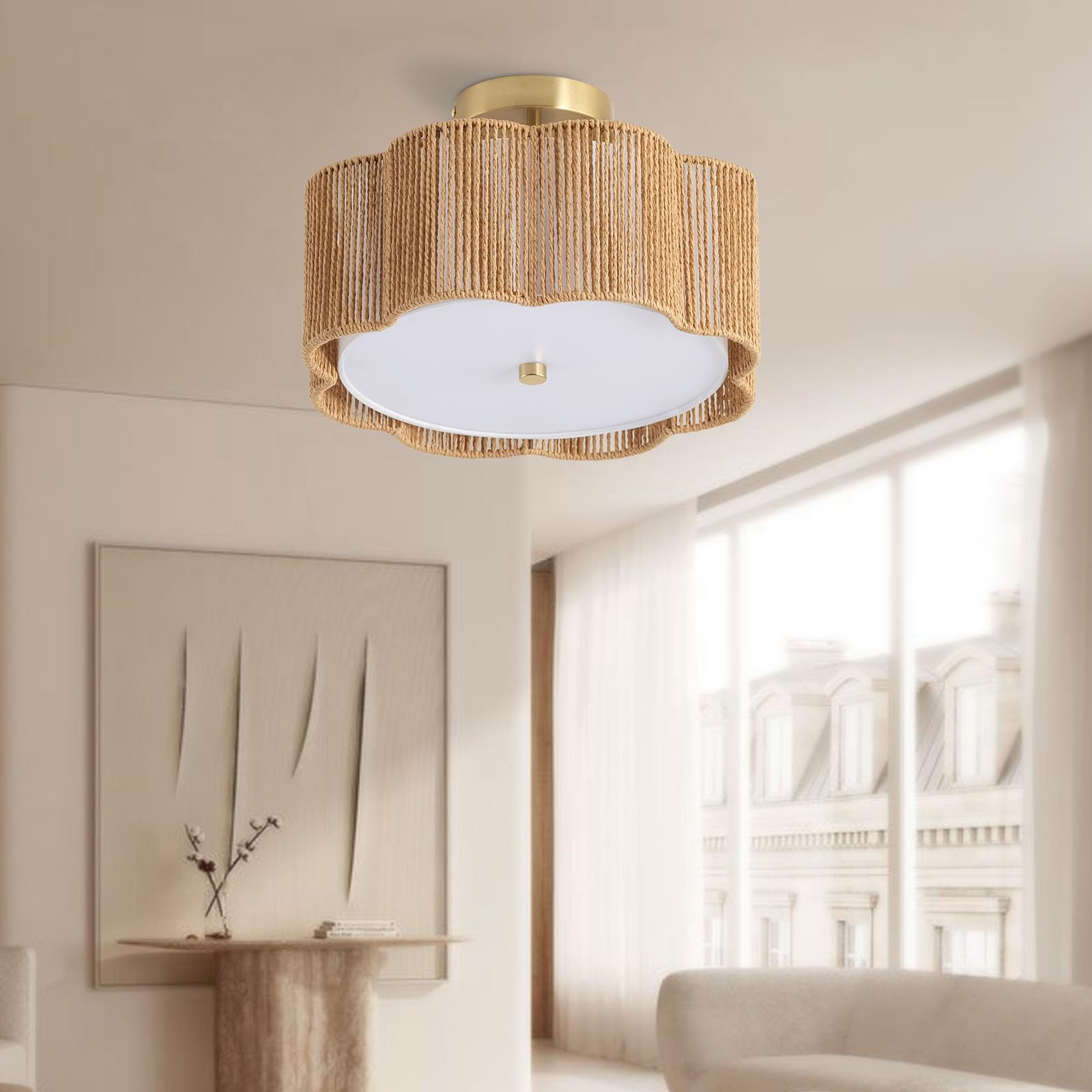 Rattan Ceiling Light Fixtures Flush Mount,3-Light Boho Light Fixtures Ceiling Mount for Bedroom,Close to Ceiling Light Modern Rattan Chandelier Lighting for Hallway Kitchen Dining Room(Yellow)