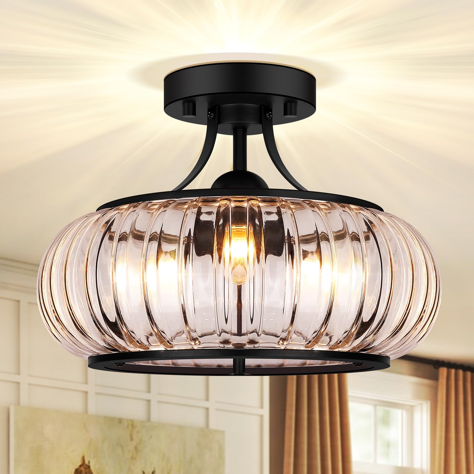 Modern 3-Light Semi Flush Mount Ceiling Light, Clear Glass Hallway Ceiling Light Fixture with Round Shade, Industrial Black Glass Close to Ceiling Lamp for Bathroom Kitchen Bedroom Porch