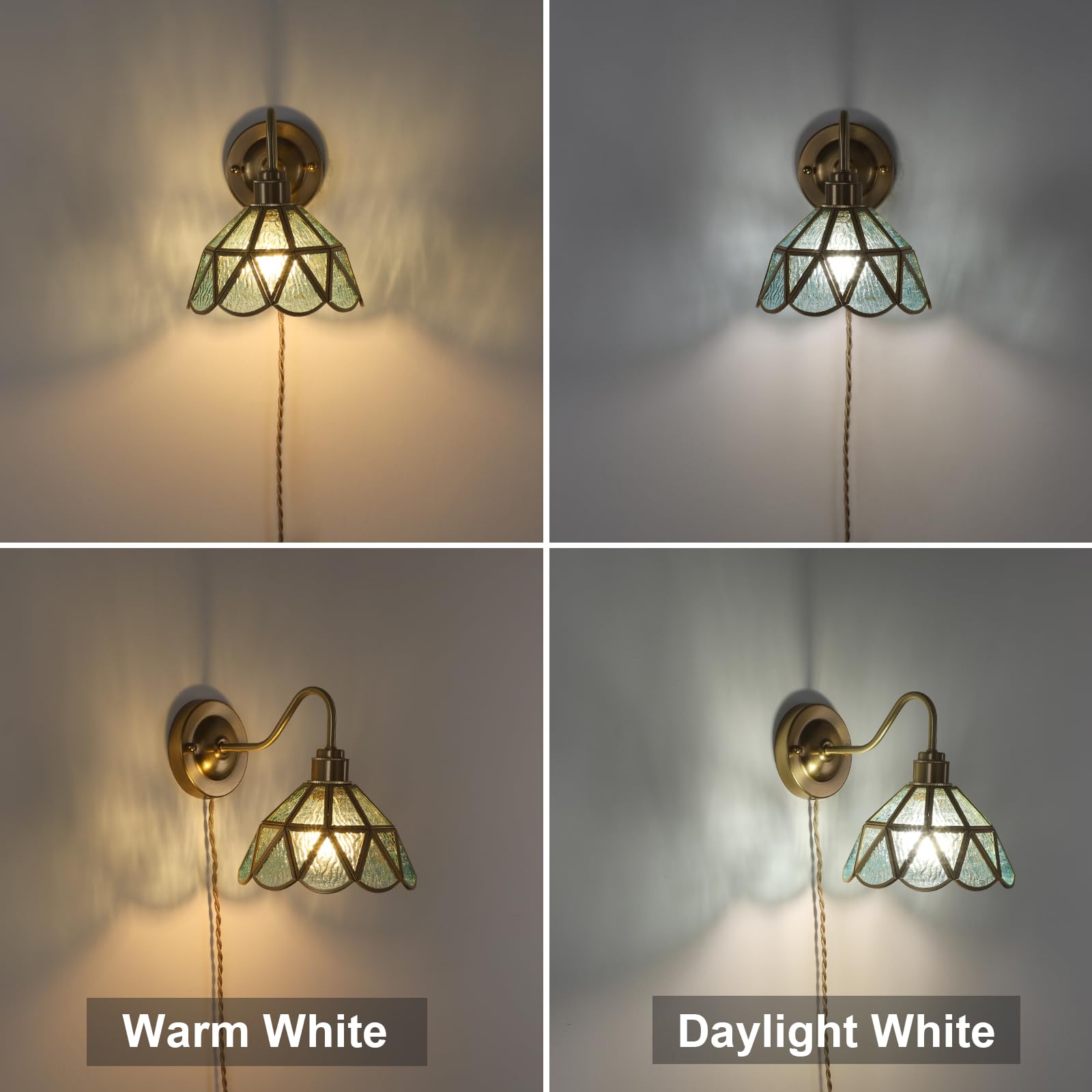 Wall Sconce, Wall Mounted Lamps with Green Checker Sconce, Stained Glass Shade Brass Wall Lights Fixture with Plug in Cord and Switch for Bedroom Bathroom Living Room Hallway