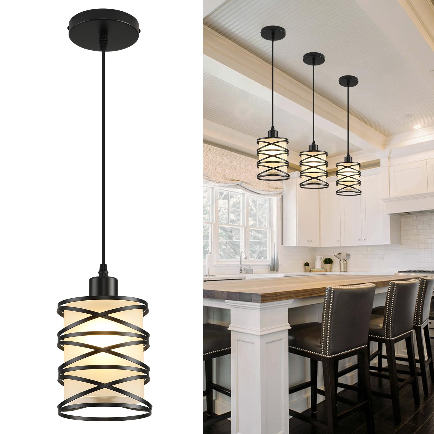 2 Pack Black Spiral Cage Pendant Lights with Clear Glass Shade, Suitable for Kitchen Island, Dining Table, Entryway, Restaurant