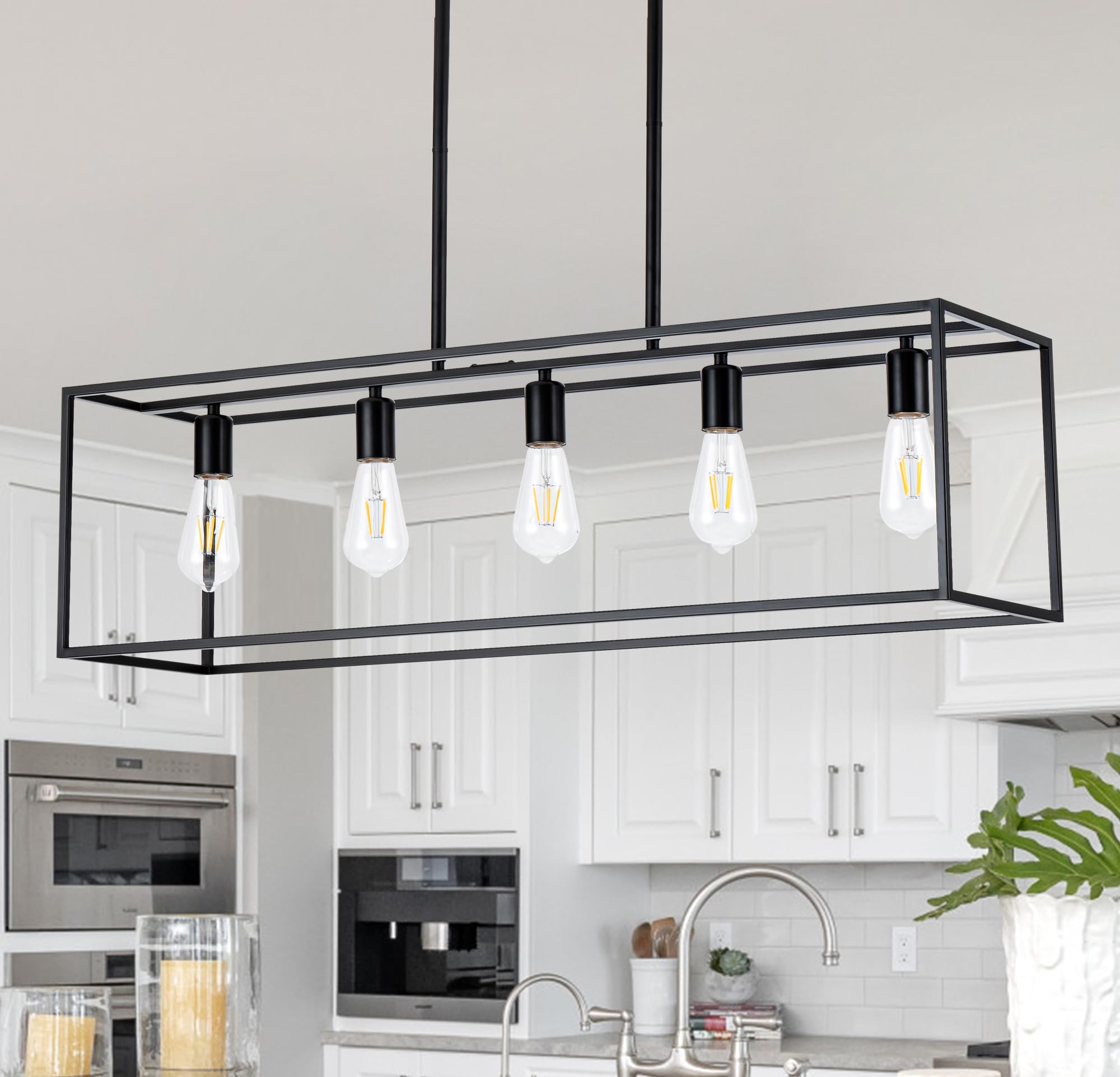 Rattan Kitchen Island Light Fixture, 5 Lights Boho Rectangle Pendant Lights for Dining Room, Farmhouse Chandeliers Over Table, Modern Ceiling Hanging Kitchen Light Fixtures, Height Adjustable