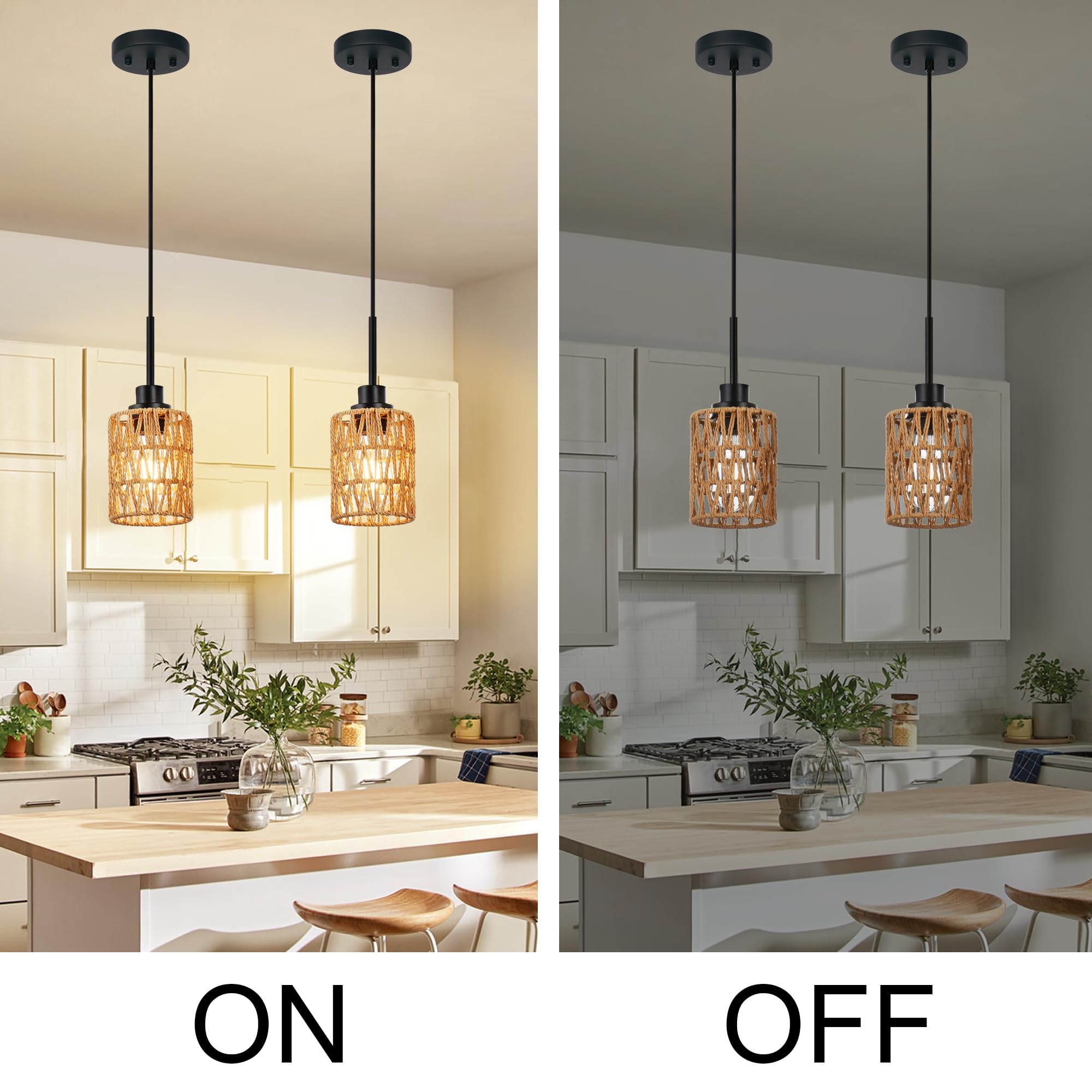 2 Pack Rattan Hanging Light Fixture Boho Pendant Light Black Adjustable Dining Table Light Fixture with Rattan Lamp Shade, Set of Two Mini Pendant Lighting for Kitchen Island Hallway Stair