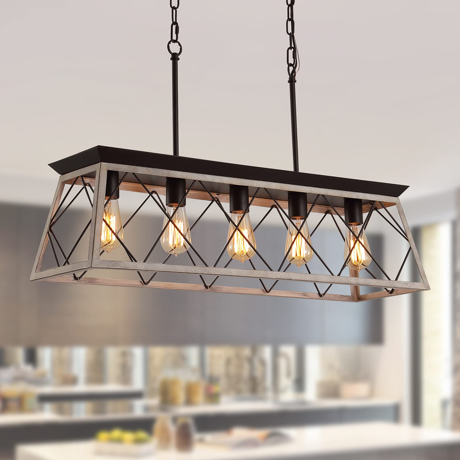 Q&S Modern Farmhouse Chandelier Light Fixtures,5-Lights Gold Linear Industrial Light Fixtures for Kitchen Island Bar Dining Table UL Listed