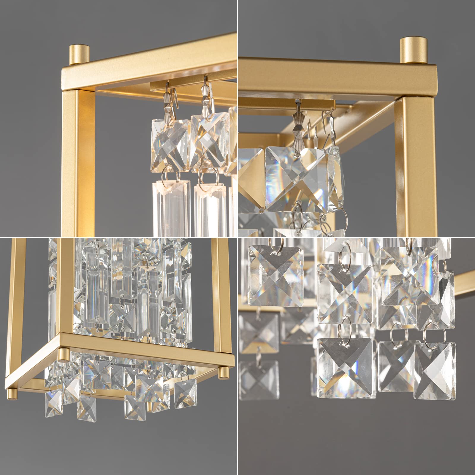 4-Light Dining Room Light Fixture 11.81 inch Square Lndustrial Farmhouse Chandelier Gold Metal Crystal Pendant Light for Kitchen Island Dining Room Living Room Flat and Inclined Ceiling