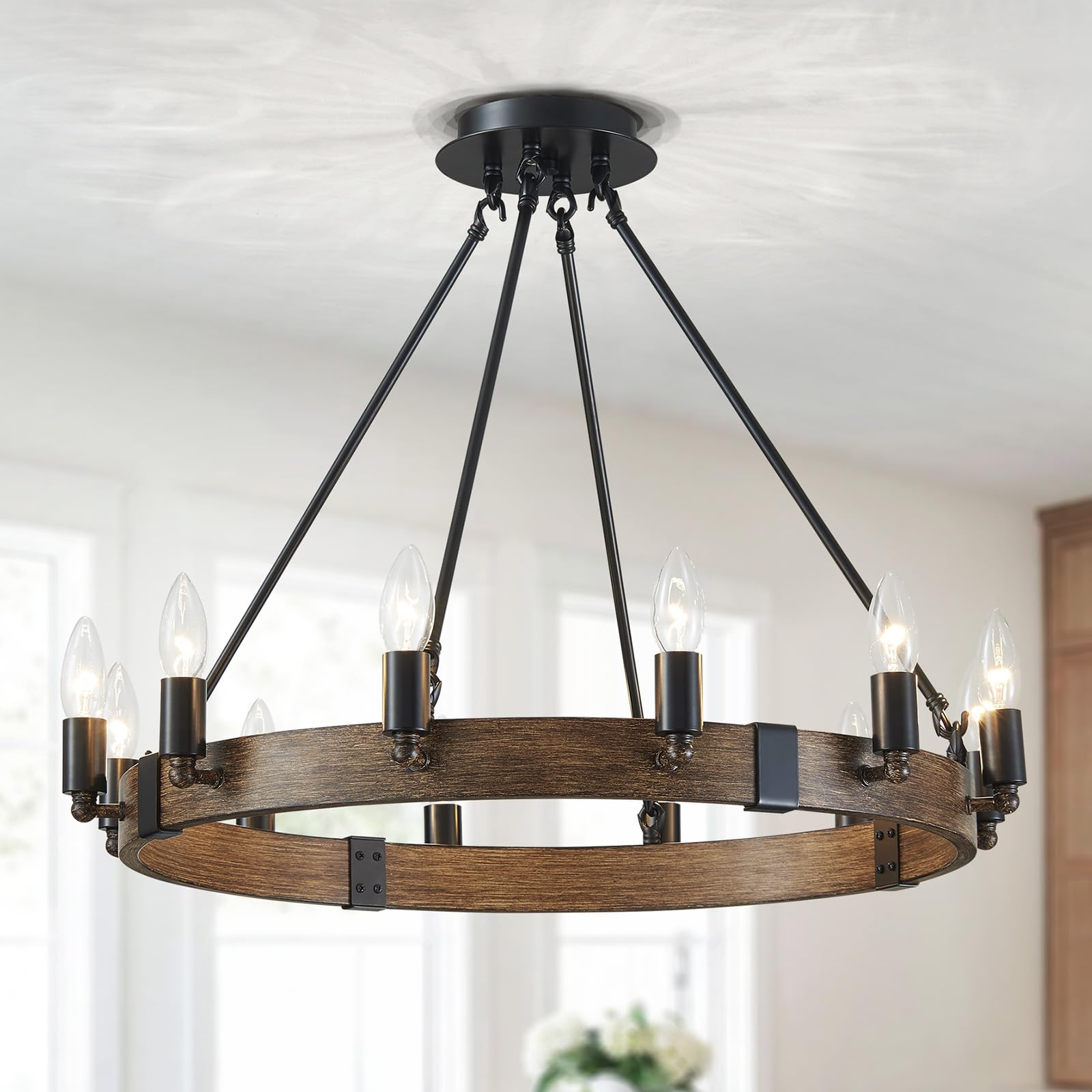 5-Light Wagon Wheel Chandelier Rustic Farmhouse Industrial Round Pendant Light Fixture with Clear Seeded Glass Shades for Dining Room Kitchen Island, H 20.5" x W 26.2", E12 Base, Gold