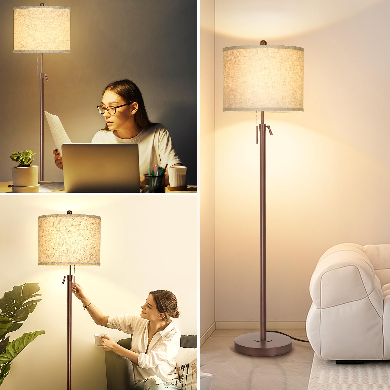 Floor Lamp for Living Room Adjustable Tall Standing Lamp, 3-Way Dimmable Floor Lamp for Bedroom Office, Black Gold Lamp with Marble Base and White Linen Shade, 6W 3000K LED Blub Included