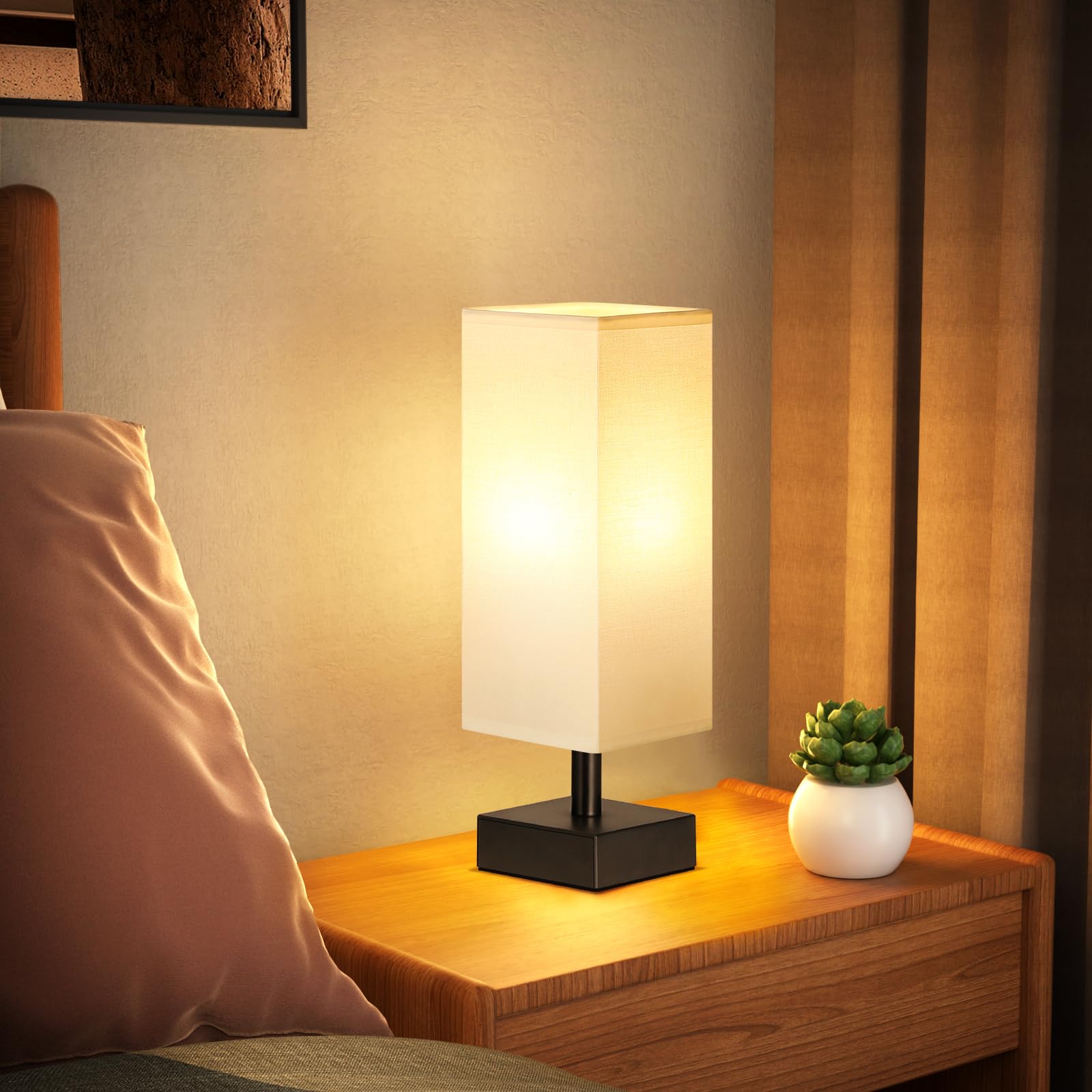 Small Table Lamp for Bedroom - Bedside Lamps for Nightstand, Minimalist Night Stand Light Lamp with Square Fabric Shade, Desk Reading Lamp for Kids Room Living Room Office Dorm