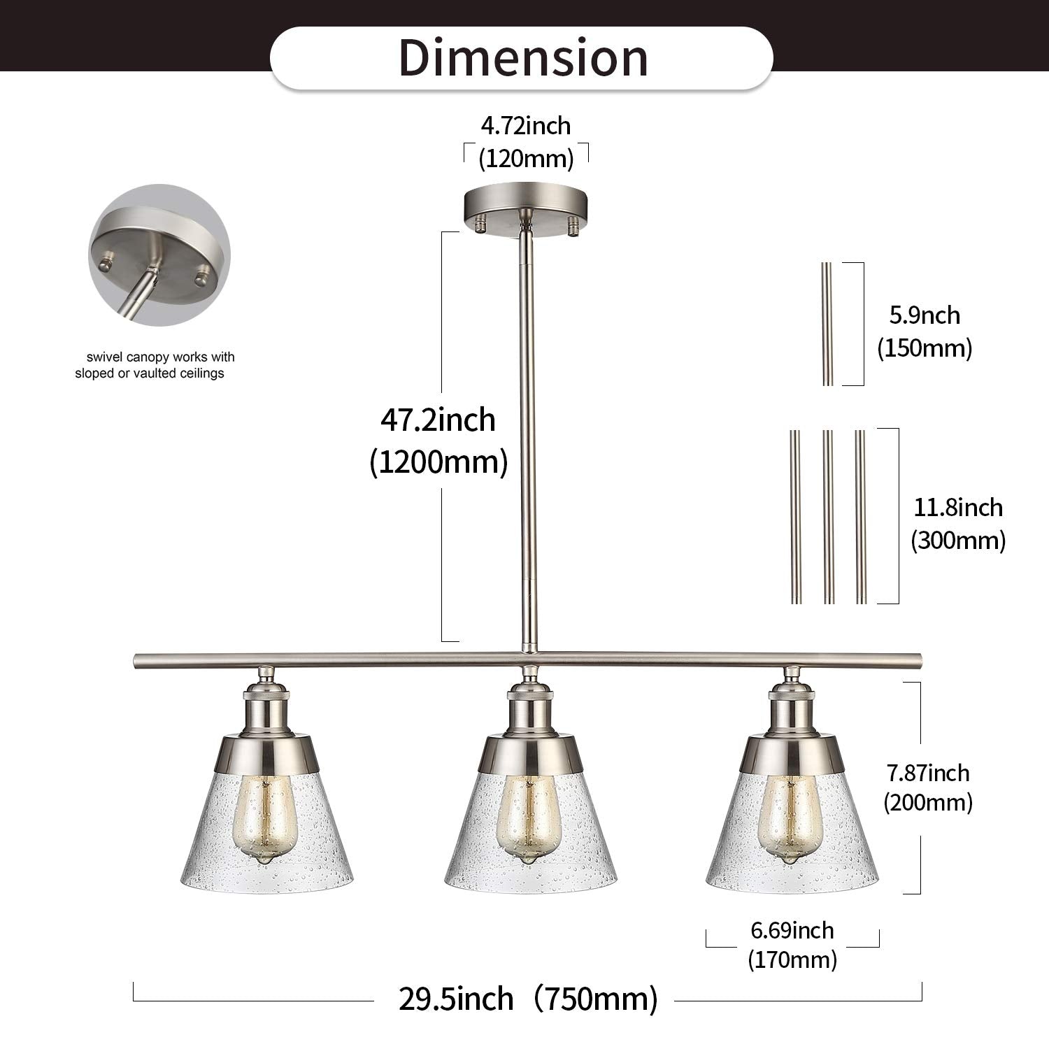 Modern Brushed Nickel Kitchen Island Lighting, Clear Seeded Glass Linear Chandelier, 3 Lights Pendant Light Fixture for Kitchen Island Dining Room