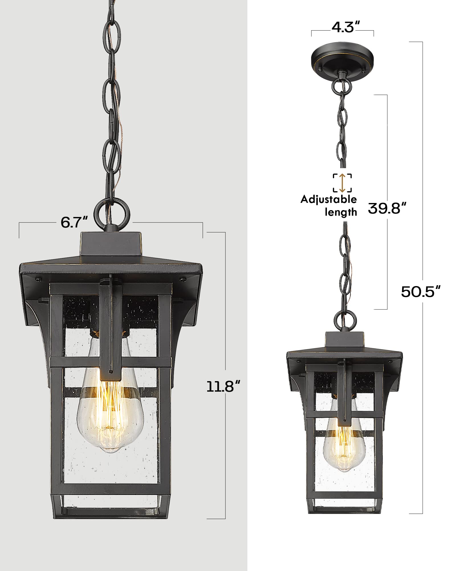 Outdoor Pendant Lights for Porch, HWH Exterior Hanging Porch Light, Farmhouse Outdoor Pendant Lighting with Height Adjustable Chain, Seeded Glass Shade, Matte Black Finish with Gold Edge, 5HX62H BG