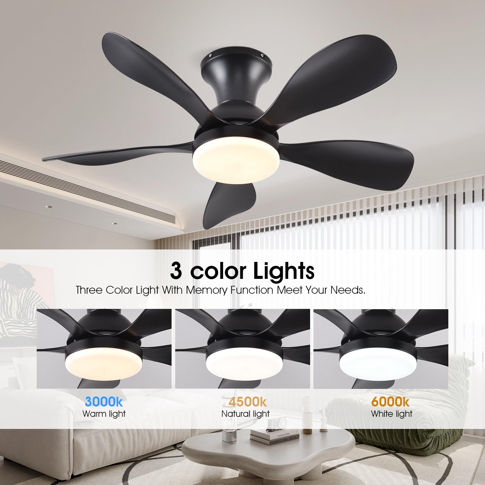 33In Black Low Profile Ceiling Fans with Lights and Remote/APP Control, Modern Flush Mount Ceiling Fan with 5 Reversible Blades for Outdoor Patio,Small Room,Bedroom…