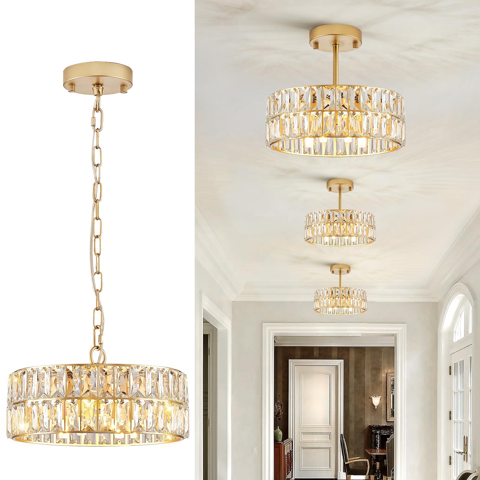 Gold Crystal Chandeliers, Modern Semi Flush Mount Chandelier 4-Ligh Drum Crystal Ceiling Pendant Light Fixture 12” for Foyer Entryway Kitchen Hallway Dining Room