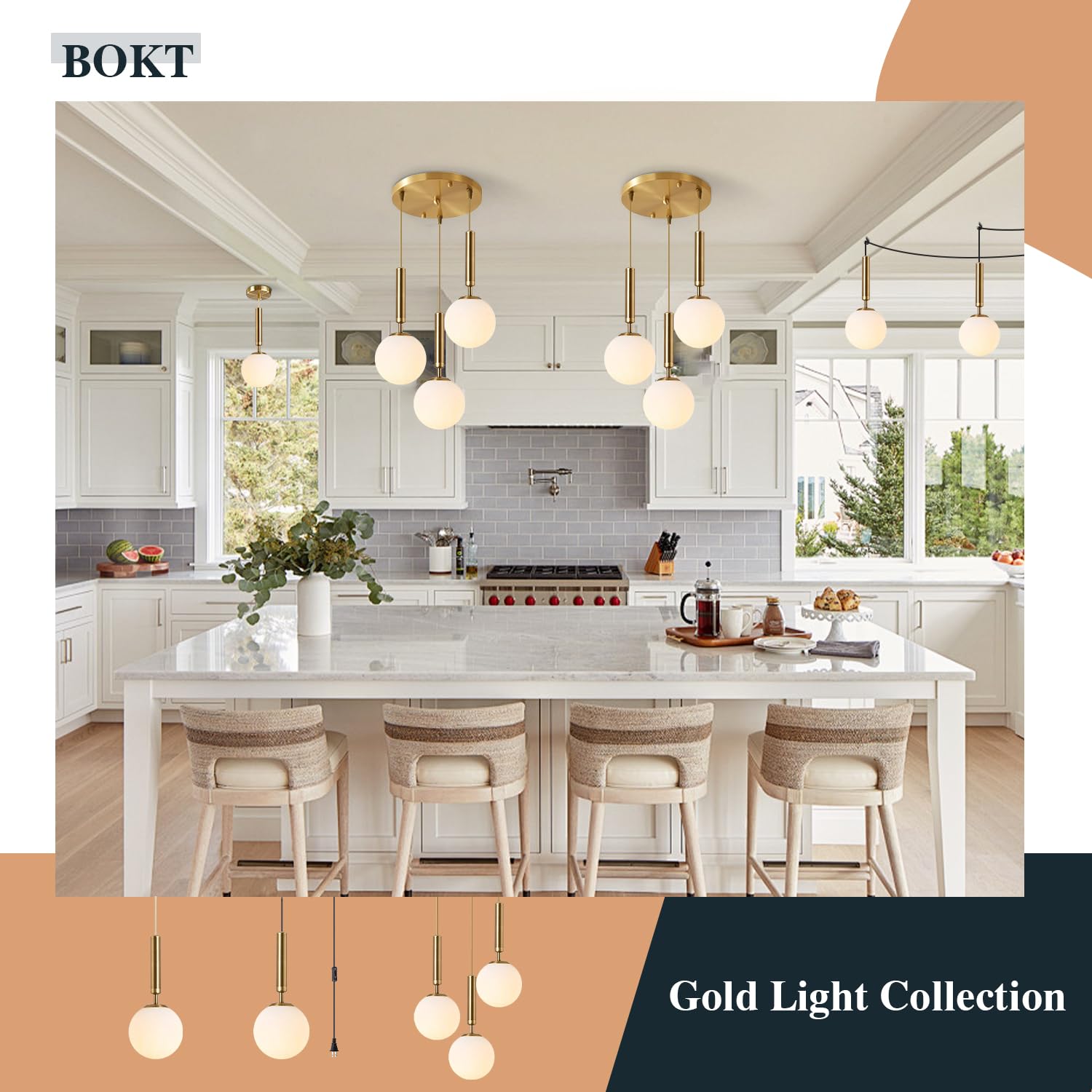 Modern 3 Light Cluster Pendant Lights Kitchen Island Mid Century Adjustable Brushed Gold Globe Chandelier Pendant Light Fixture Retro Vintage Milk White Glass Round Multi Hanging Ceiling Light