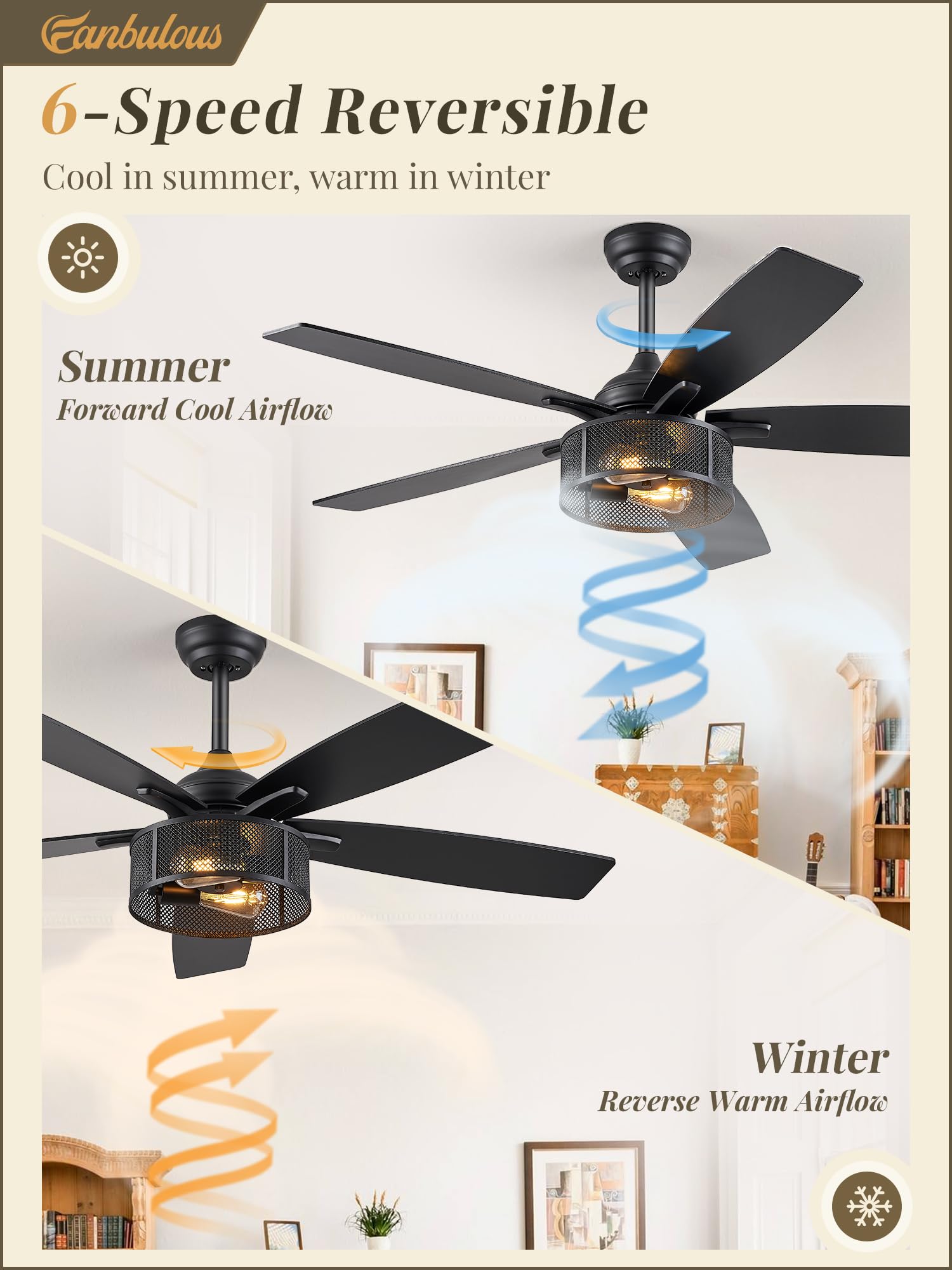 Farmhouse Ceiling Fans with Lights and Remote, 52 Inch Black Industrial Caged Ceiling Fans for Bedroom Living Room Kitchen, 6 Speed Reversible Quiet DC Motor, Dual Finish 5 Blades