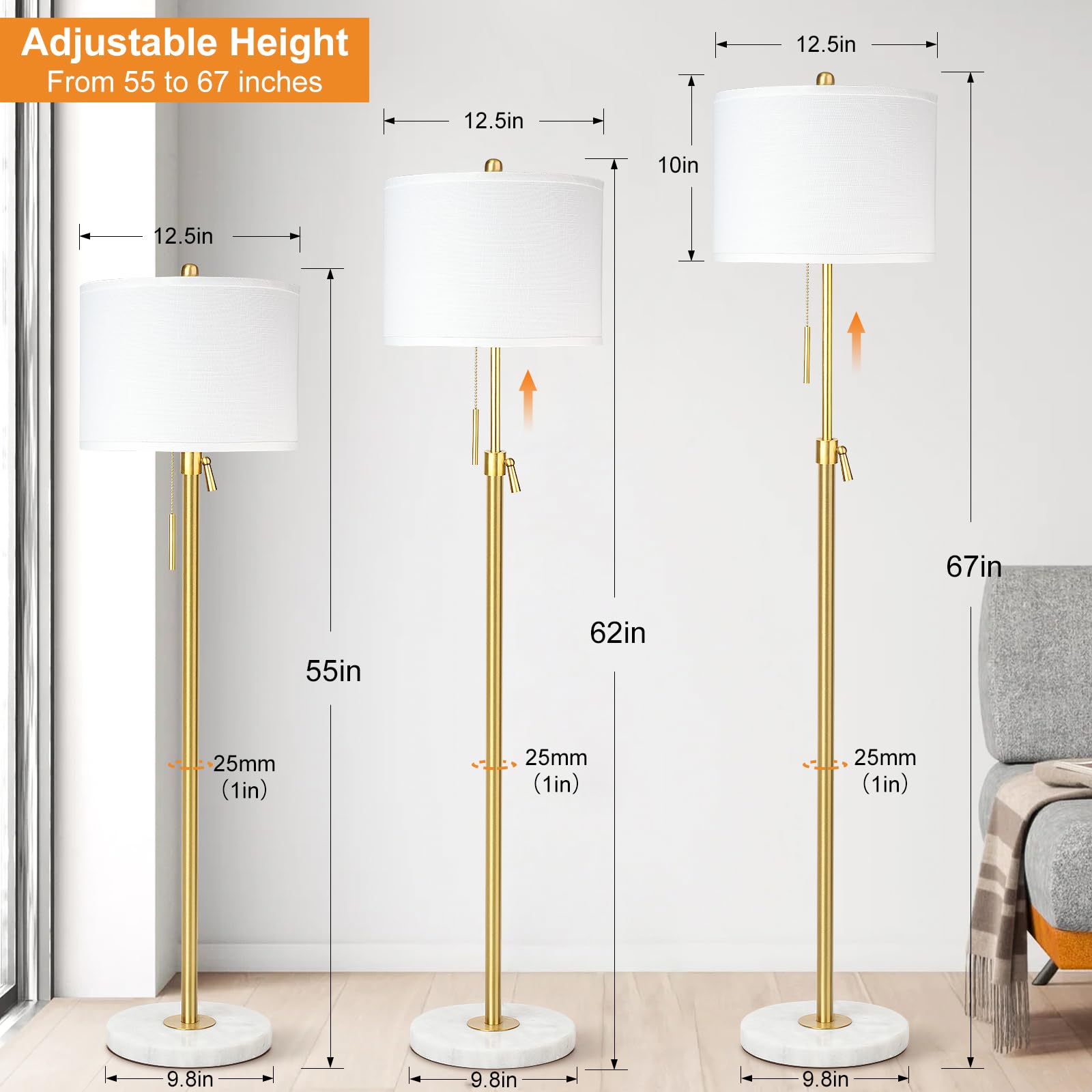 Floor Lamp for Living Room Adjustable Tall Standing Lamp, 3-Way Dimmable Floor Lamp for Bedroom Office, Black Gold Lamp with Marble Base and White Linen Shade, 6W 3000K LED Blub Included