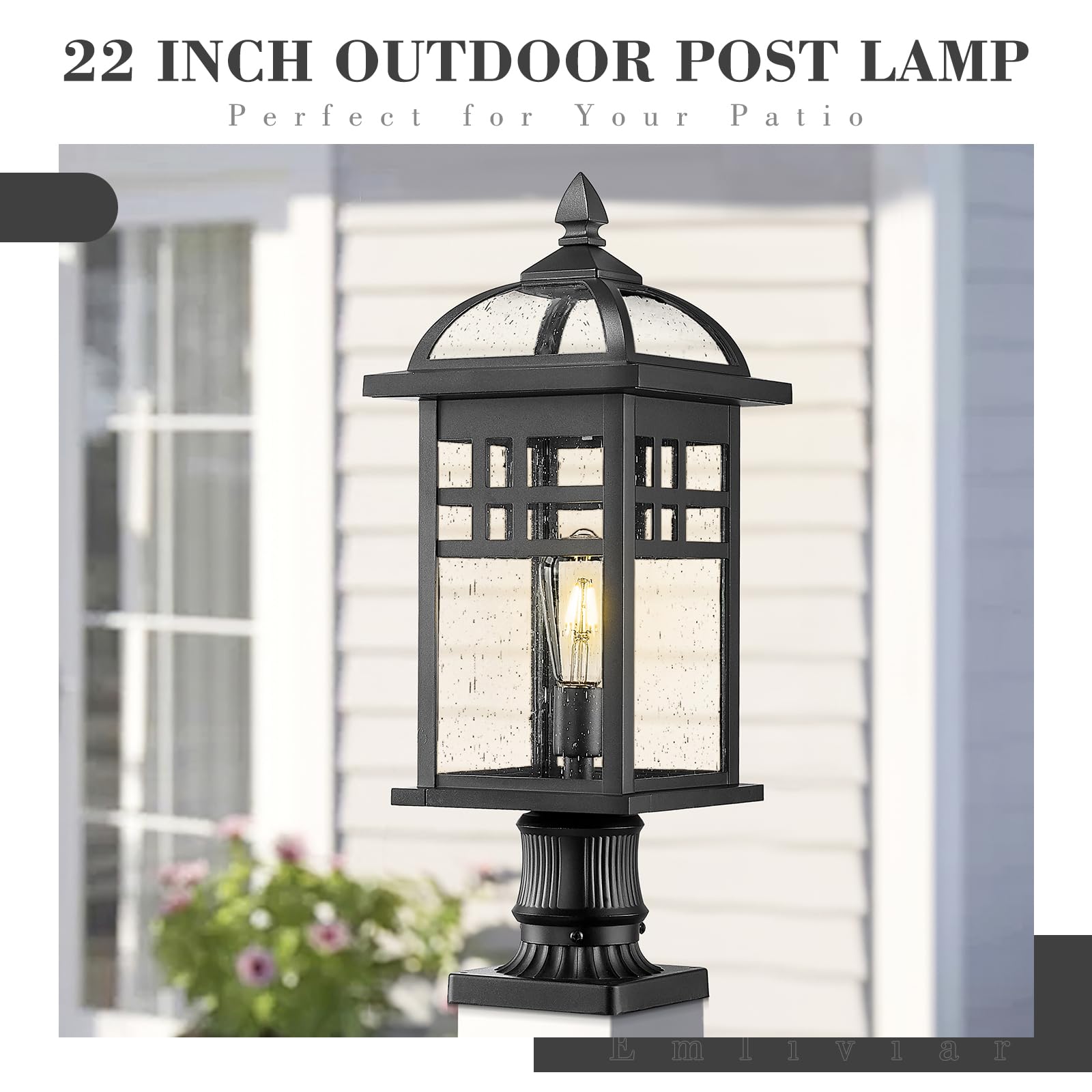 20 Inch Outdoor Pendant Light for Porch, Outdoor Chandelier for Porch, Die-Cast Aluminum with Seeded Glass, Black Finish, DE281H-M BK