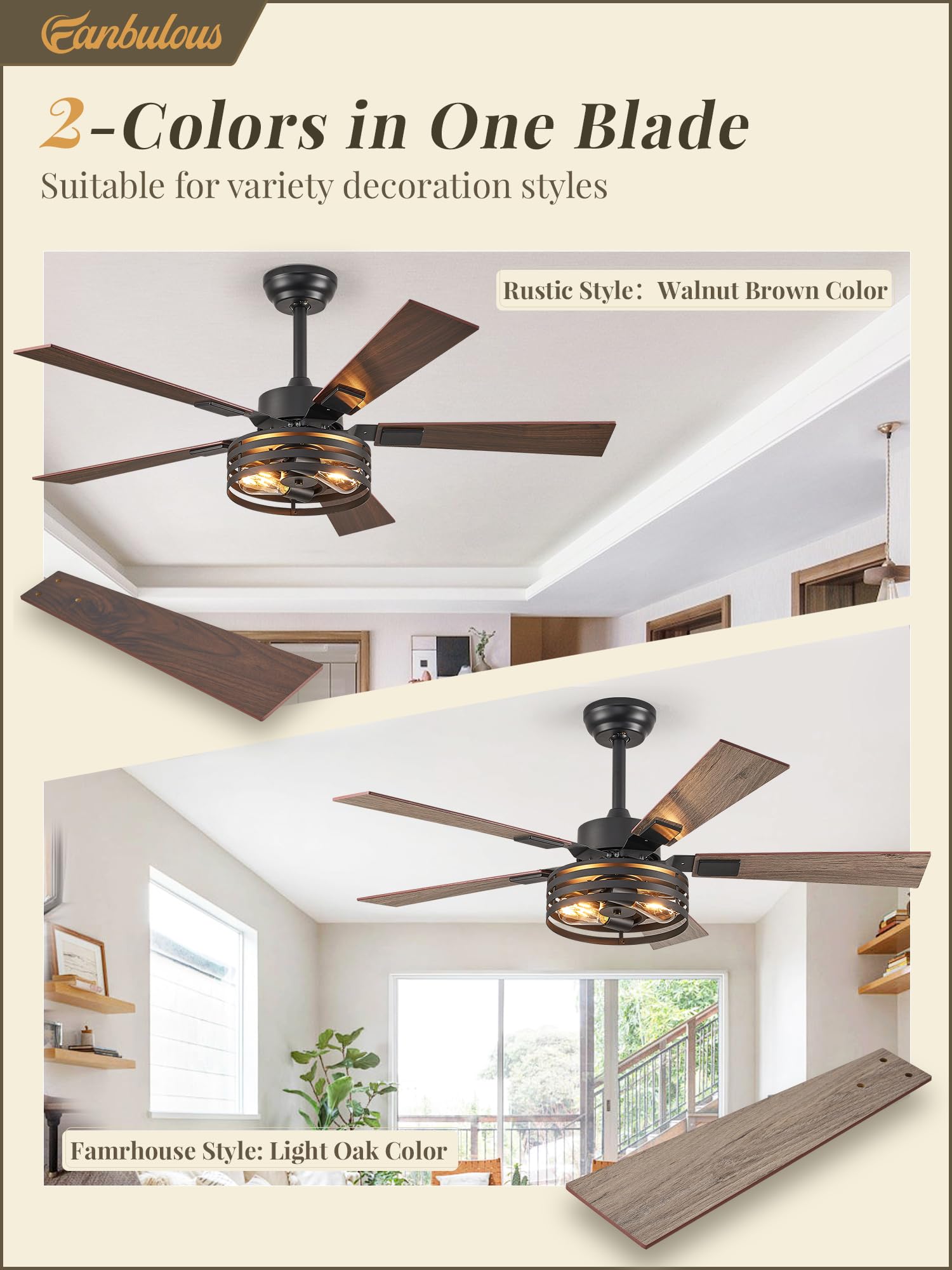 Farmhouse Ceiling Fans with Lights and Remote, 52 Inch Black Industrial Caged Ceiling Fans for Bedroom Living Room Kitchen, 6 Speed Reversible Quiet DC Motor, Dual Finish 5 Blades