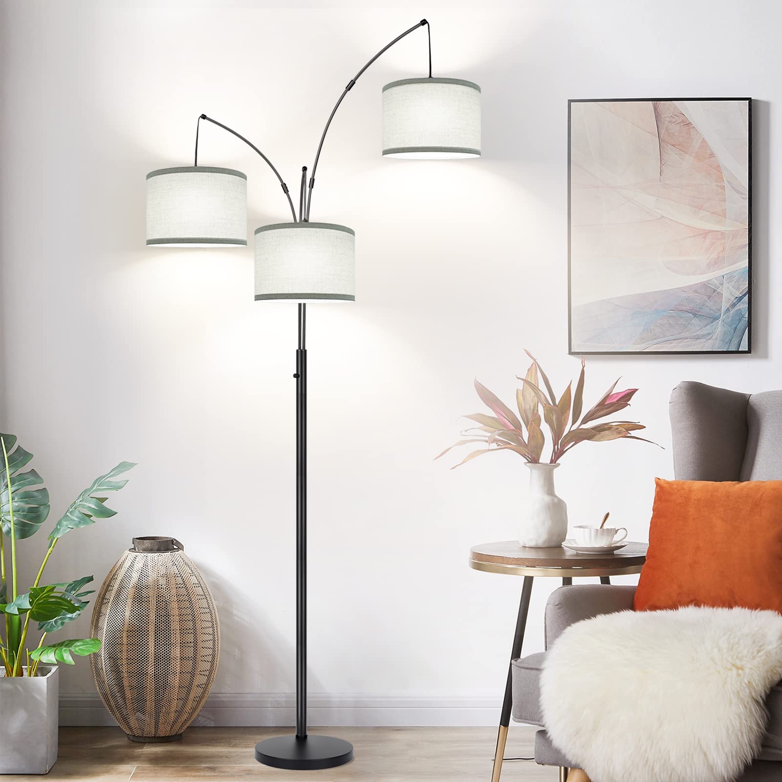 Dimmable Floor Lamp - 3 Lights Arc Floor Lamps for Living Room, 1000LM Modern Tall Standing Lamp with Beige Shades & Heavy Base, Mid Century Tree Floor Lamp for Bedroom Office, 3 LED Bulbs Included