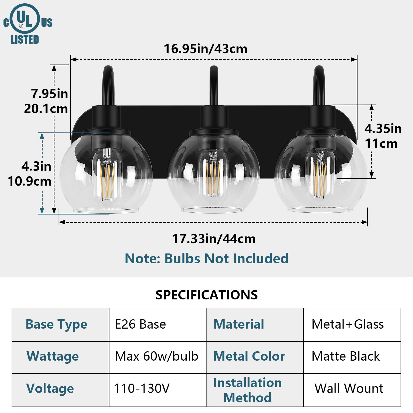 Industrial Bathroom Vanity Light， 4-Light Bathroom Lights Over Mirror with Clear Glass Globe Shade and Metal Base, Matte Black Bathroom Vanity Light Fixture