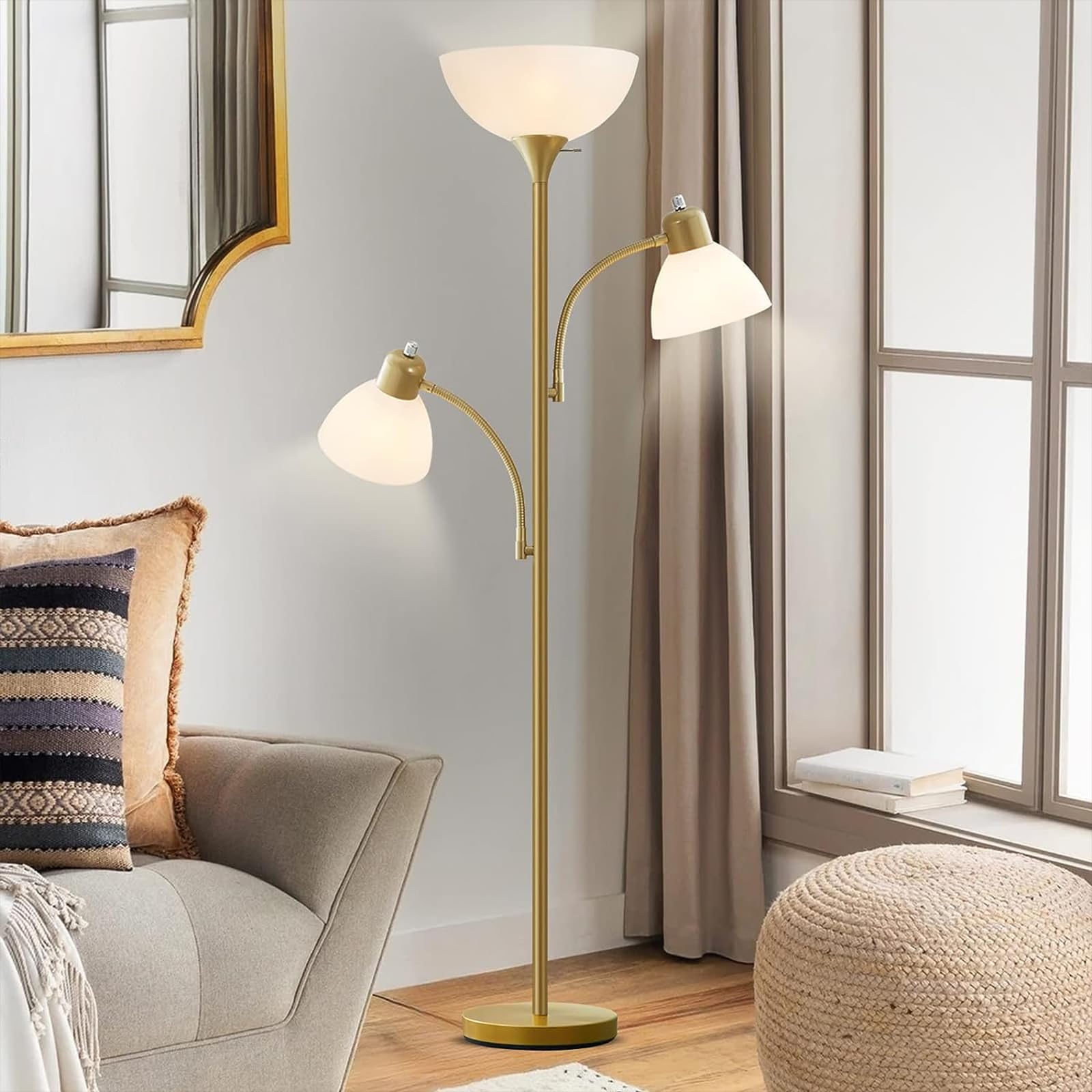 Floor Lamps for Living Room, 72" Tall Standing Lamps, Torchiere Lamp with 8W Adjustable Reading Lights, Modern Bright Floor Lamp for Bedroom, Office, Dresser, Gold&White, Bulbs Included