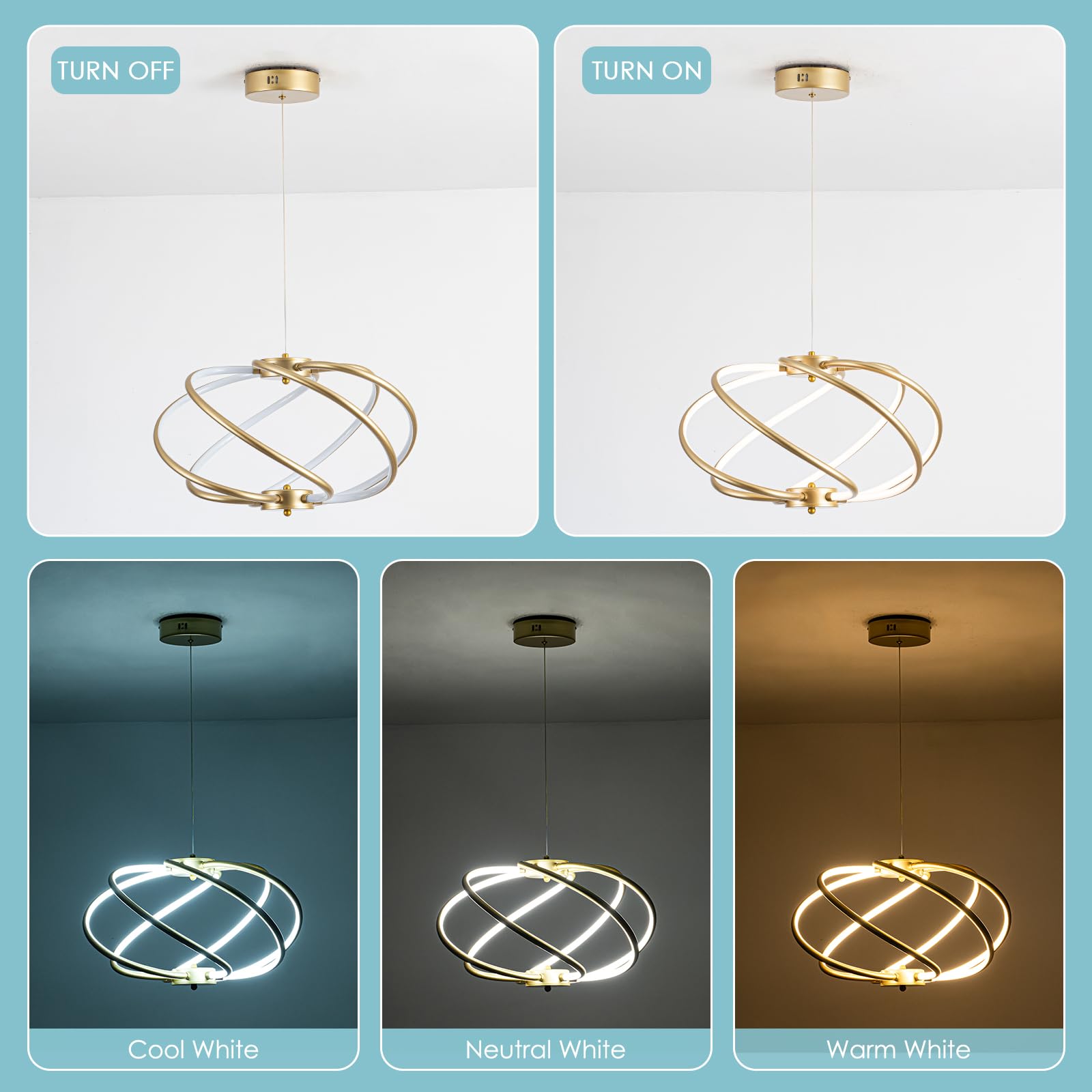 Modern LED Chandelier Gold Pendant Light Dimmable Contemporary Chandeliers for Dining Room Kitchen Living Room Foyer Entryway 3000K-6000K