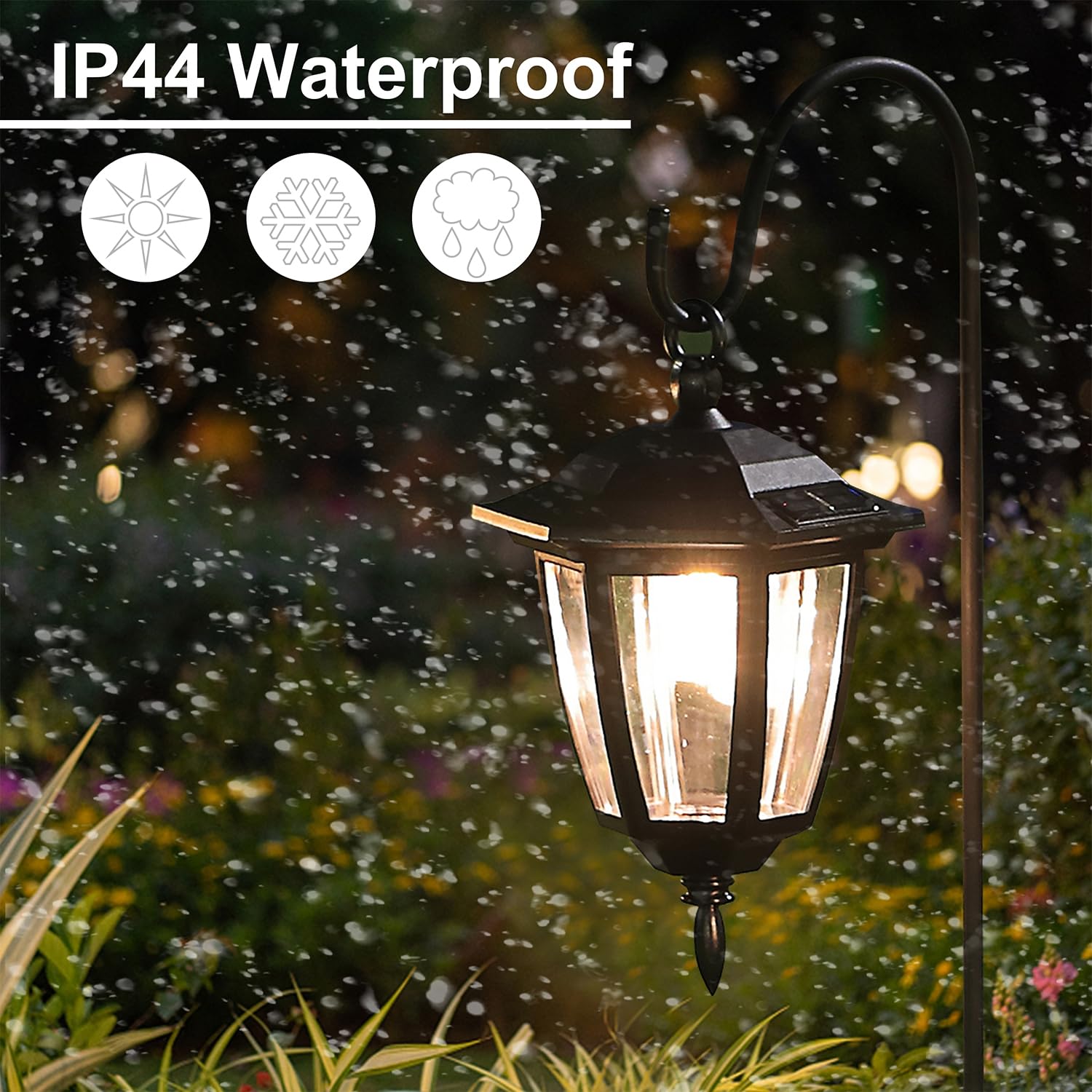 4 Pack Solar Hanging Lights Outdoor, Solar Powered Garden Decorative Lanterns with 4 x 38 Inch Shepherd Hooks, Waterproof Landscape Lighting for Lawn Patio Yard Pathway Driveway, Warm White