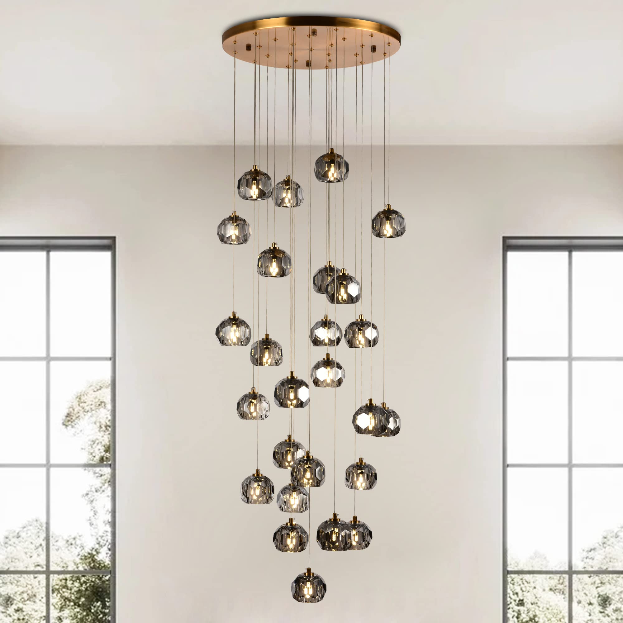 3-Light Prism Crystal Pendant Light, Modern Smoke Crystal Pendant Light Fixtures 9W, Triple Pendant Round Ceiling Pendant Lighting for Dining Room Kitchen Island