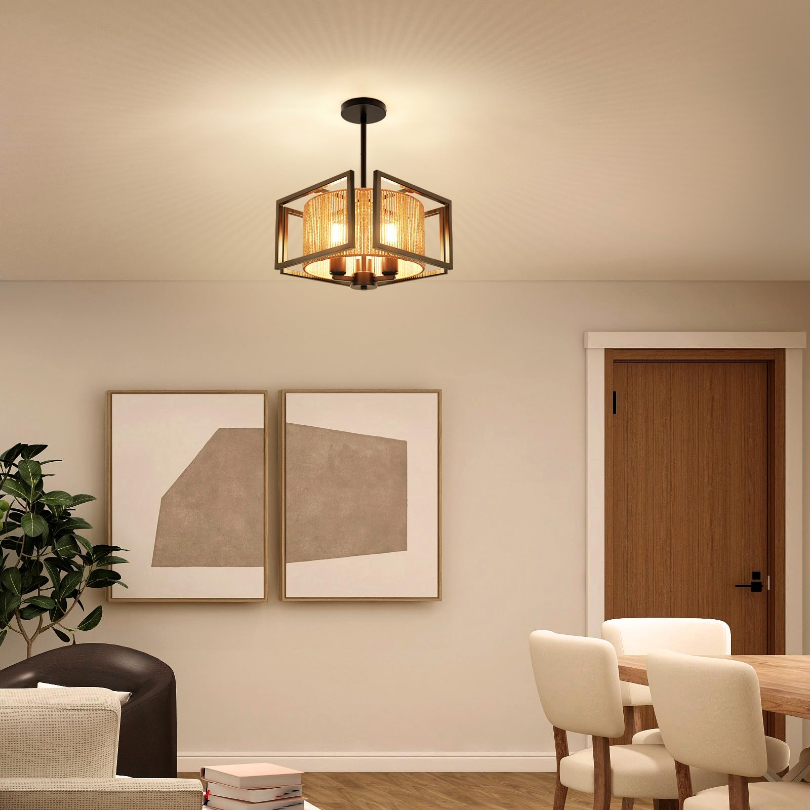 4 Light Semi Flush Mount Ceiling Light 15.7 Inches Light Fixture with Metal Frame Fabric Shade Modern Ceiling Light for Living Room Bedroom Kitchen Dining Room Entryway Hallway