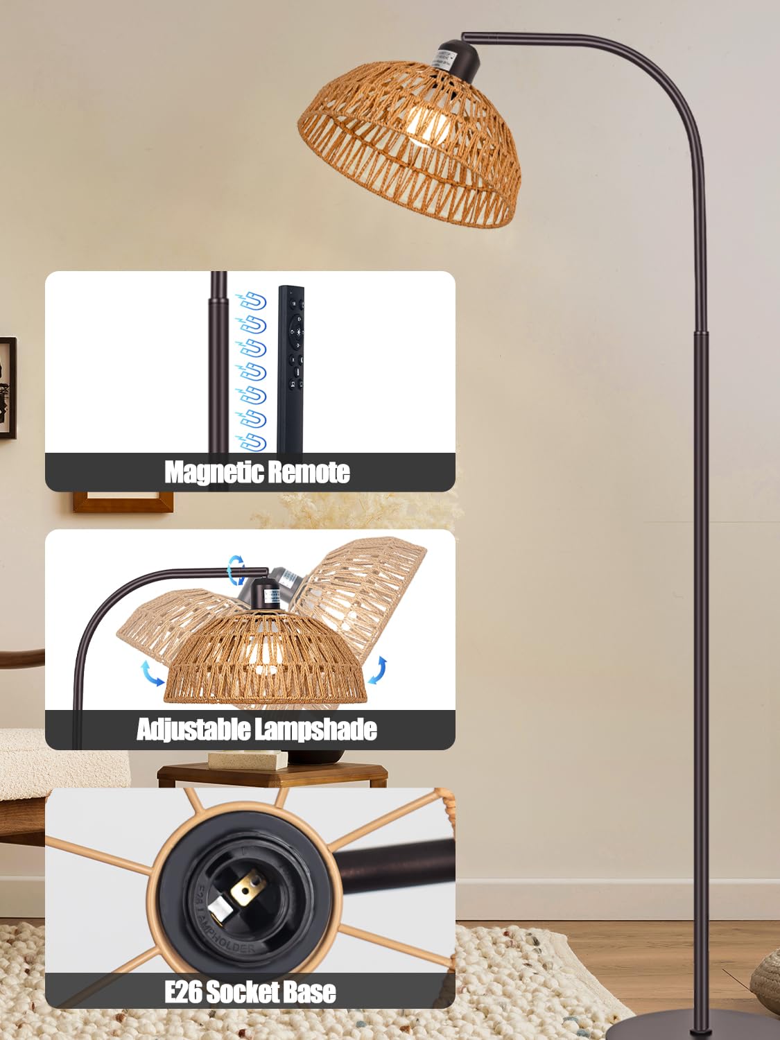 Rattan Floor Lamp- Boho Standing Lamp with Remote Control and Dimmable Bulb, Hand-Worked Adjustable Rattan Shades, Black Farmhouse Tall Lamp, Boho Arc Floor Lamps for Living Room, Bedroom, Office