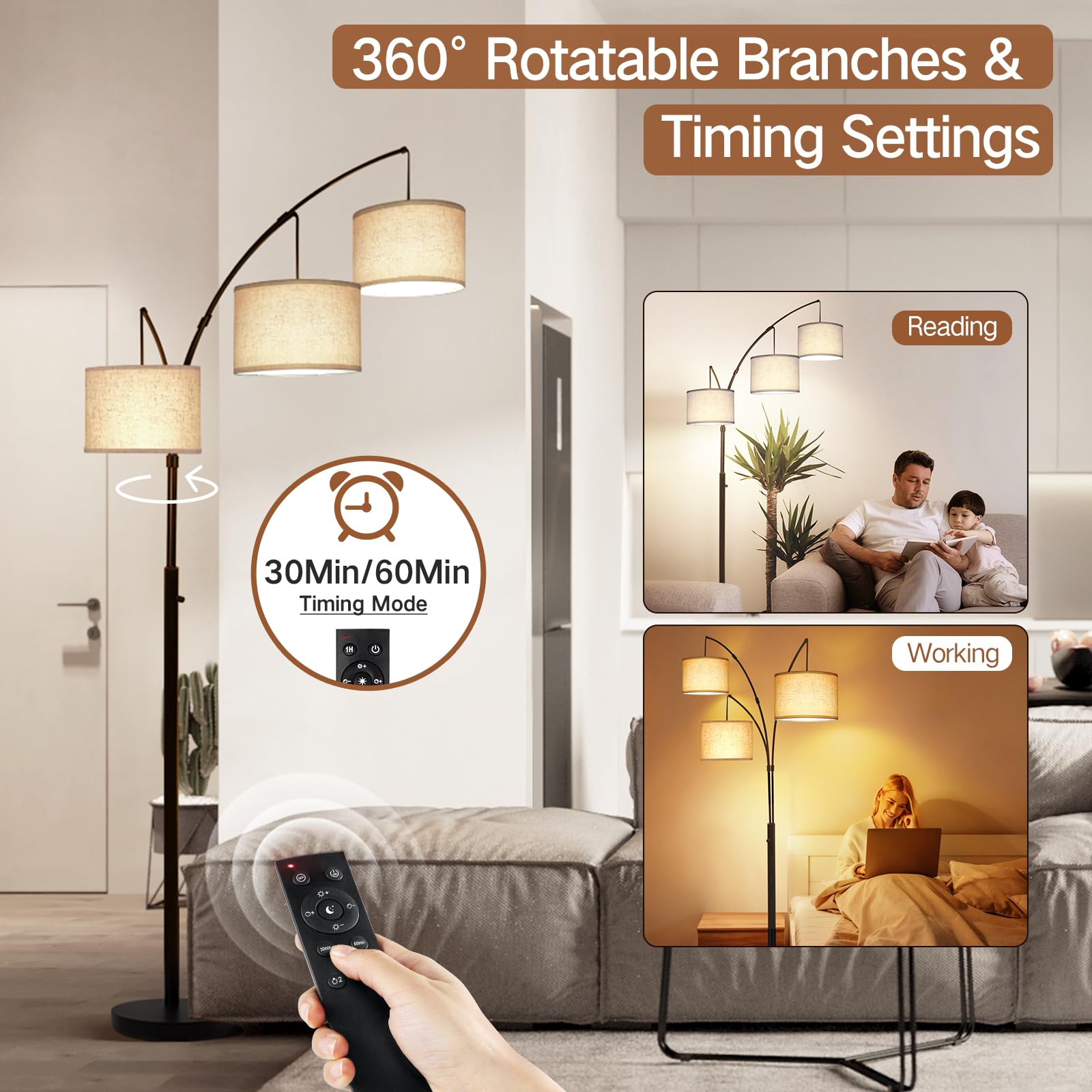 Arc Led Floor Lamp, Modern Black 3 Light Arched Tall Floor Lamp for Bedroom, 2400lm Mid Century Adjustable Standing Corner Lamps for Living Room Office, 3 LED Bulbs Included, Beige Lampshade