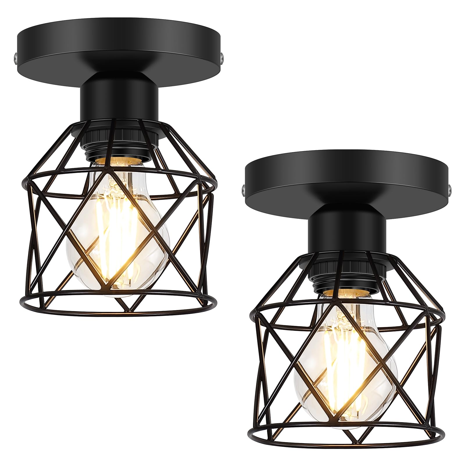 2-Pack Farmhouse Semi Flush Mount Ceiling Light, Black Hallway Light Fixtures Ceiling Mount, Small Metal Cage Indoor Ceiling Lamp for Kitchen Porch Bedroom (LED Bulbs Included)